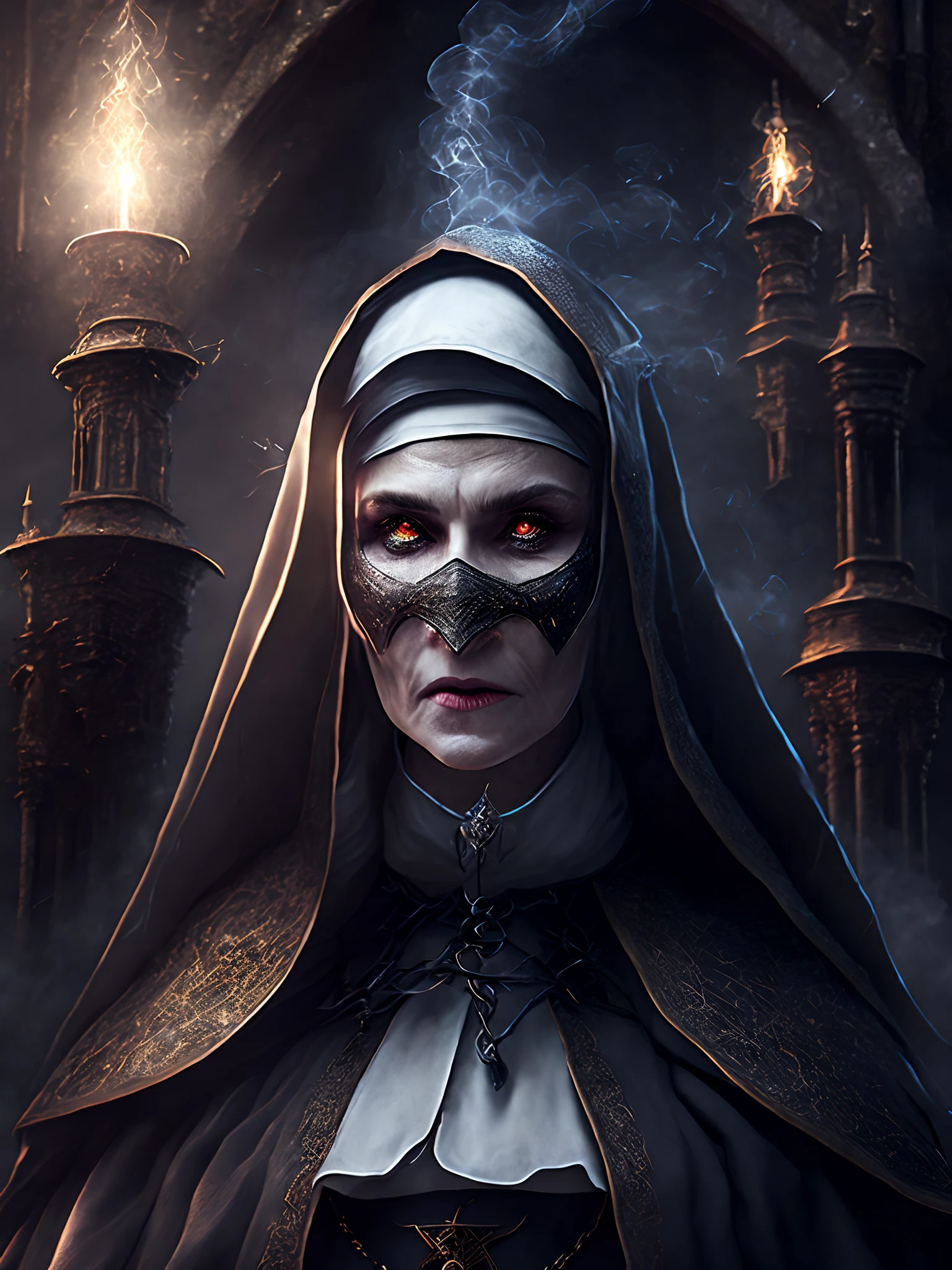 Close-up ( The nun as a witch from The conjuring in Goth style: 1.3) emerging from the witches castle, extremely detailed, smoke, sparks, metal shavings, flying debris, volumetric light