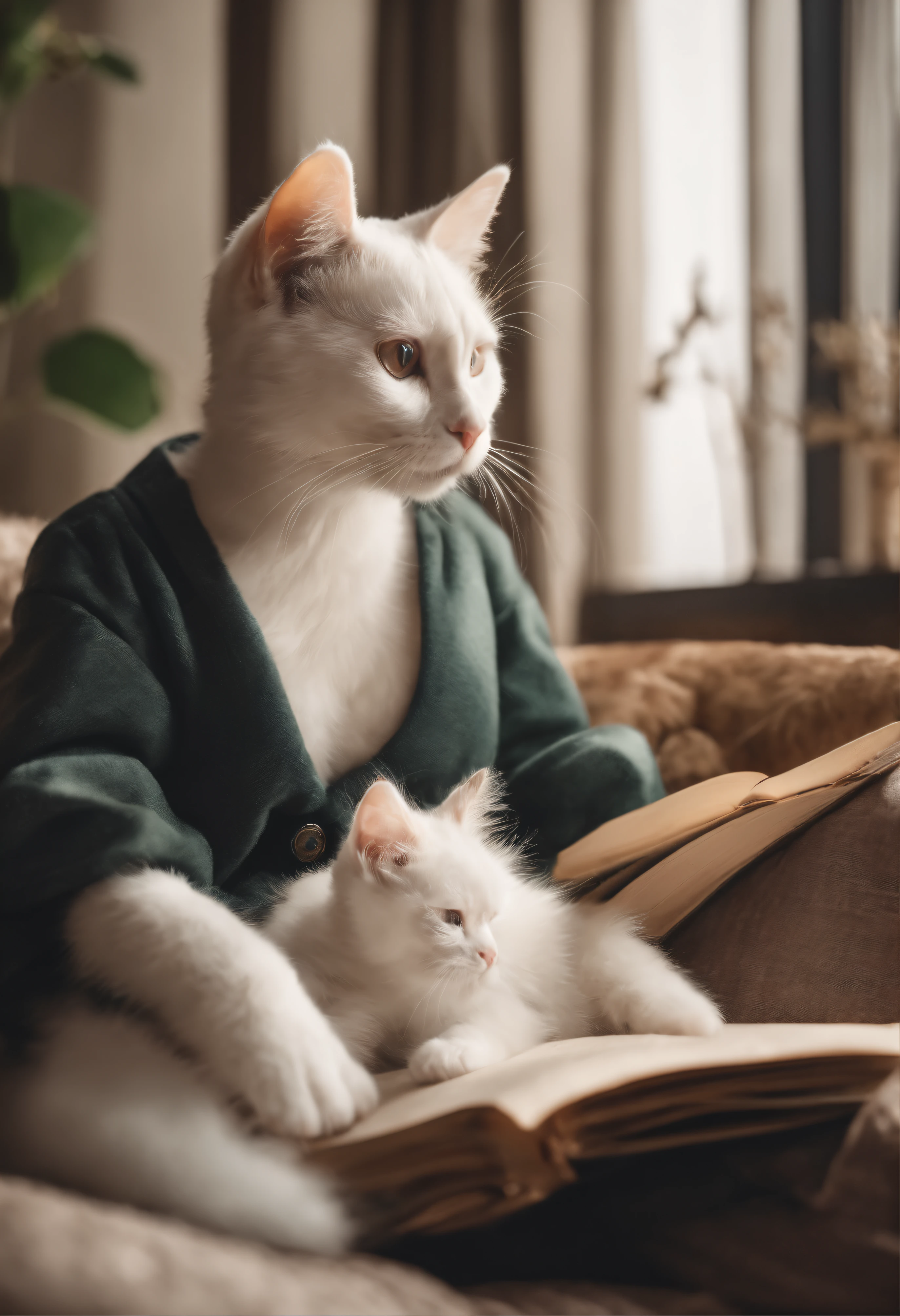 there is a cat on it, a cute little cat, The cutest kitten in history, Very beautiful and cute girl cat, Lewd and excited white cat, a cute little cat, Intelligent cat, an anthro cat, funny cat, cute kittens, And a sad cat. They read books on the couch、Sitting on a chair. They are relaxing after a hard day. They are wearing pajamas.