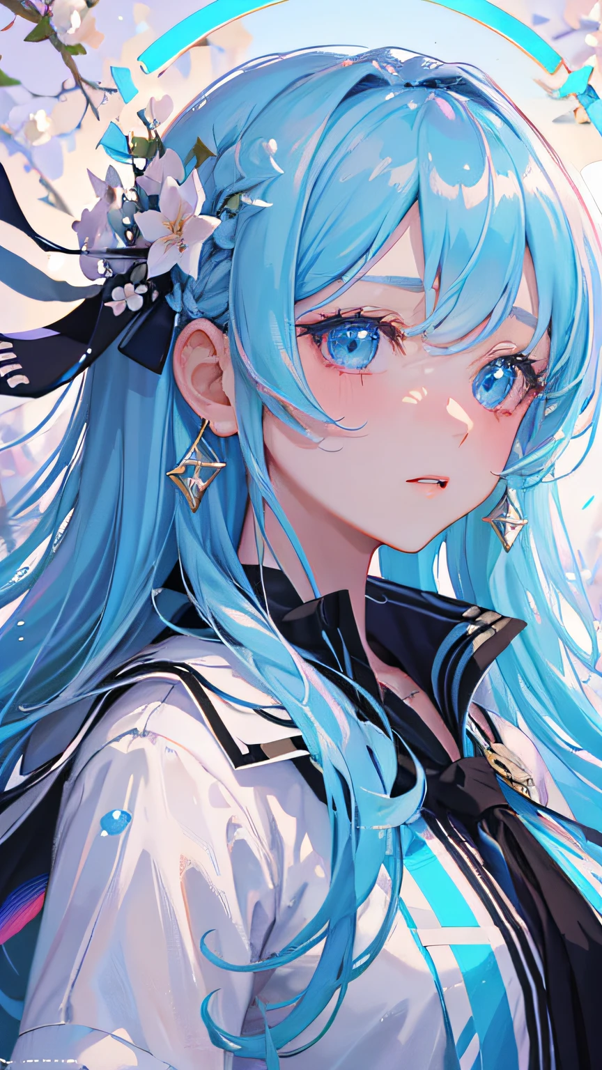 (masterpiece), (best quality), (ultra detailed),(disheveled hair),(illustration), (1girl), (Fashionable clothing), standing, Fashion model, looking at viewer, (interview), (simple background),beautiful detailed eyes, delicate beautiful face, Floating,(high saturation),(colorful splashes),colorful bubble,(shining), focus on face, kamisato ayaka, light blue hair, bangs, hair ring, floating flowers, floating hairs.Girl, anime waifu, looking at viewer, highlydetailed, reflections transparent iridescent colors, long transparent iridescent RGB hair, artby Serafleur from artstation, thick acrylic,illustration on pixiv, waist up portrait, gorgeoussacred girl, best quality, ultra detailed,sad,clever,beautiful face , beautiful lighton black background, Character stvle renderedby Octane,