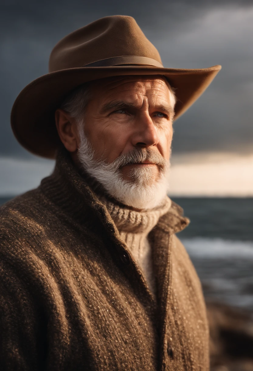 face portrait of an rugged (old fisherman:1.3), (face focus:1.5), (storm:1.2), (waves:1.3), ocean, (lighthouse background:1.3), (cowboy shot:1.4), (white turtleneck knitted sweater:1.3), looking at viewer, realistic, masterpiece, highest quality, backlighting, (lens flare:1.1), (bloom:1.1), (chromatic aberration:1.1), by Jeremy Lipking, by Antonio J. Manzanedo, digital painting