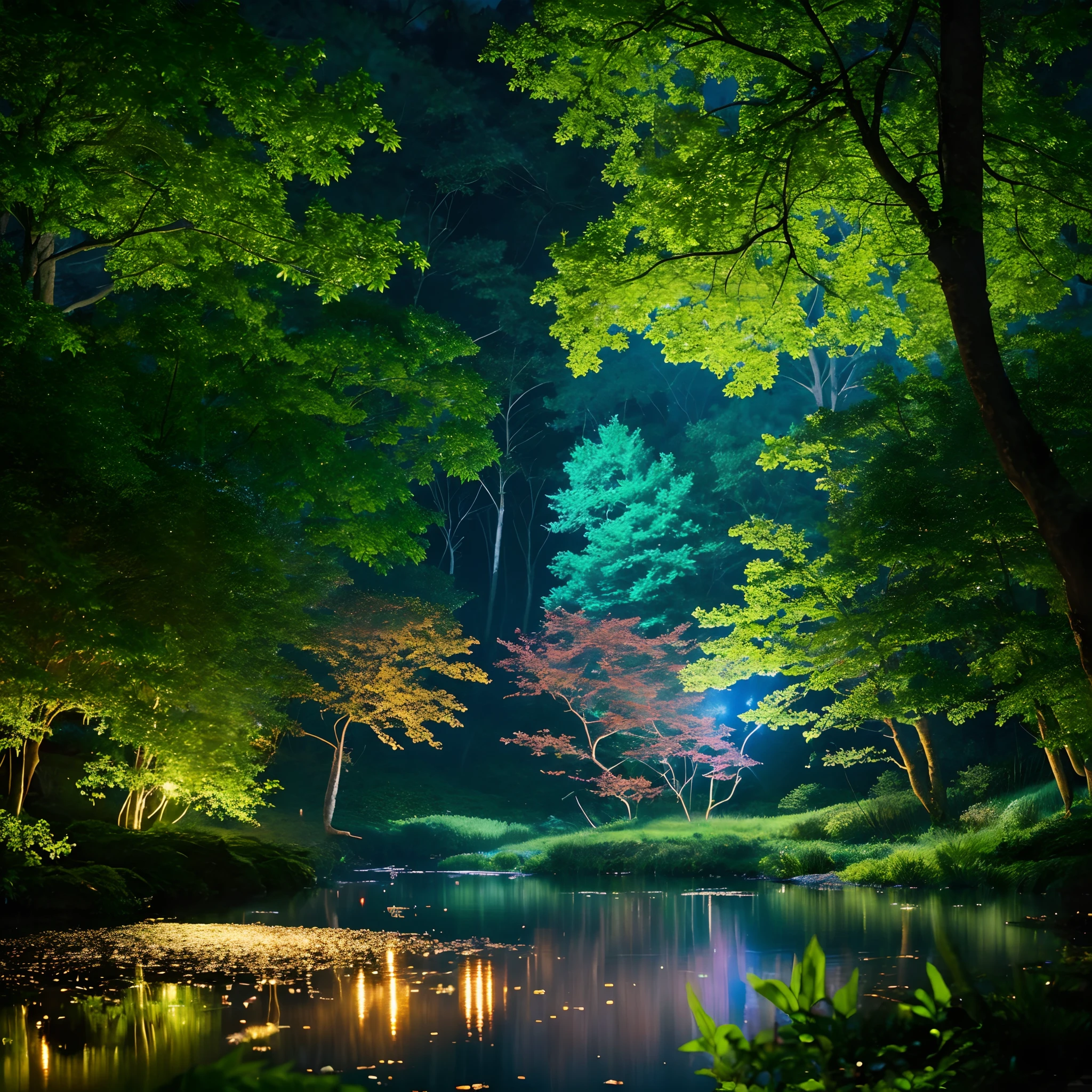 (best quality,ultra-detailed:1.2),vivid colors,bokeh,mesmerizing landscape,night scenery,sparkling fireflies,serene atmosphere,enchanted forest,quiet and peaceful,blissful solitude,glowing light,magical ambience,ethereal beauty,dense vegetation,twinkling stars,majestic trees,tranquil river,reflecting moonlight,hidden pathways,whispering breeze,mystical charm,fairy-tale-like panorama,magical glow,soothing tranquility,evoking wonder,serenity in nature,natures's enchanting dance,luminous enchantment,awe-inspiring view,calm and stillness.
This is a prompt for high-quality images depicting a quiet and peaceful night forest。In this forest,No Man,Only lush vegetation and a starry night sky。There are many flickering fireflies in the forest,They jump in the air,Beautiful as the stars。The picture is full of tranquility,The river is reflected in bright moonlight。The whole scene is like a scene from a fairy tale,Charming and magical。ao mesmo tempo,Through vivid colors and an aperture effect,Adds vibrancy and charm to the entire image。The overall atmosphere is delightful,Feel the tranquility and wonderfulness of nature。