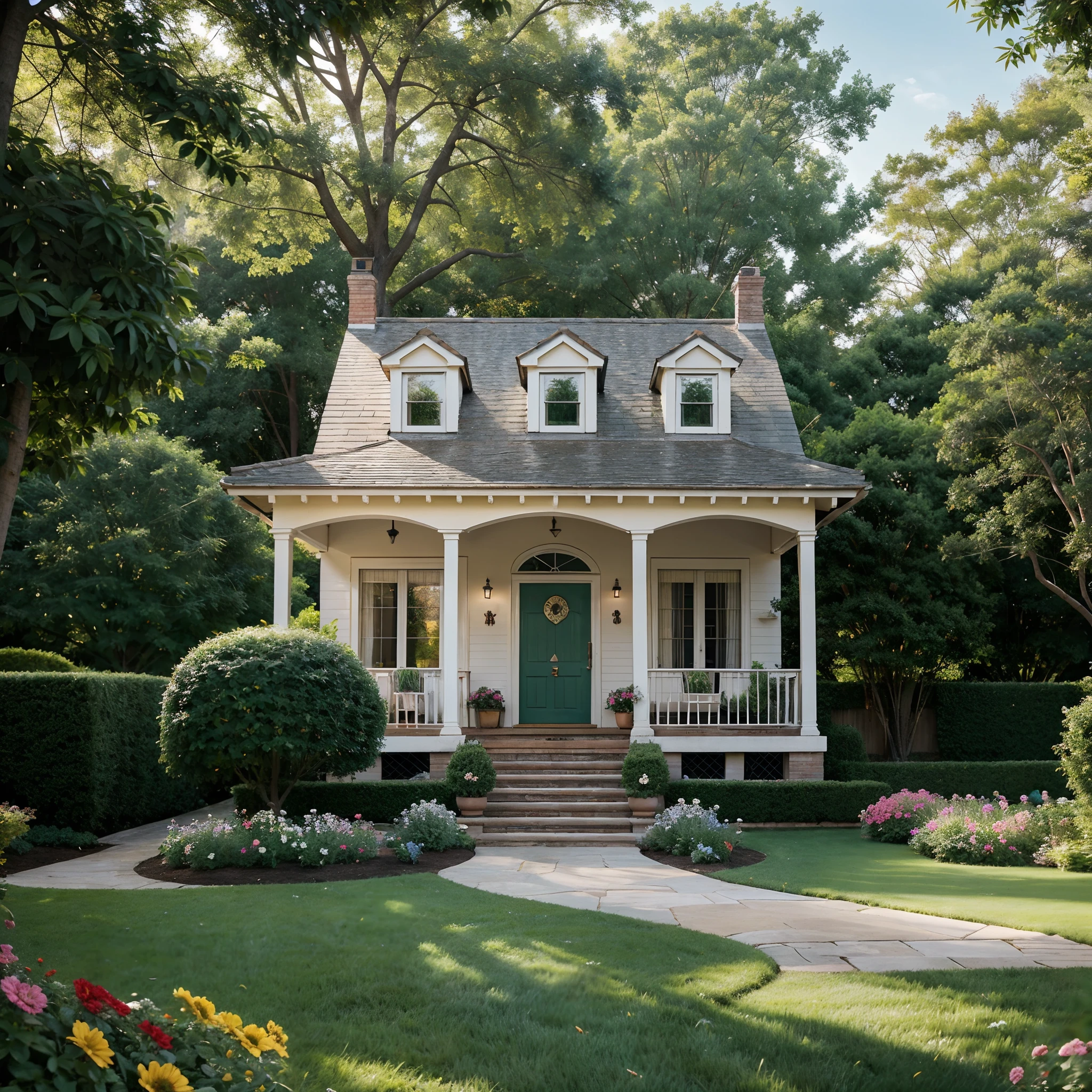 A beautiful house with a well-maintained garden, surrounded by colorful flowers, tall trees, and a white picket fence. The house is made of bricks and has a charming porch with a swing. The windows of the house are large and have delicate curtains. The garden is filled with lush green grass and various types of plants and flowers. The sunlight filters through the leaves, creating a warm and inviting atmosphere. The house has a cozy and welcoming feel, with a well-manicured lawn and a pathway leading up to the front door. The house is bathed in natural light and has a serene and peaceful ambiance. The colors of the house and the garden are vibrant and harmonious, giving the whole scene a lively and cheerful vibe. The artwork is created using a combination of traditional painting techniques and digital rendering, resulting in a visually stunning masterpiece. The attention to detail is extraordinary, with every blade of grass, petal, and brick lovingly depicted. The colors are rich and vibrant, bringing the scene to life. The lighting is soft and diffused, creating a gentle glow that adds to the overall dream-like quality of the artwork. The overall image quality is of the highest standard, with sharp details and vivid colors. The artwork captures the essence of a perfect home, a place of comfort, beauty, and happiness.