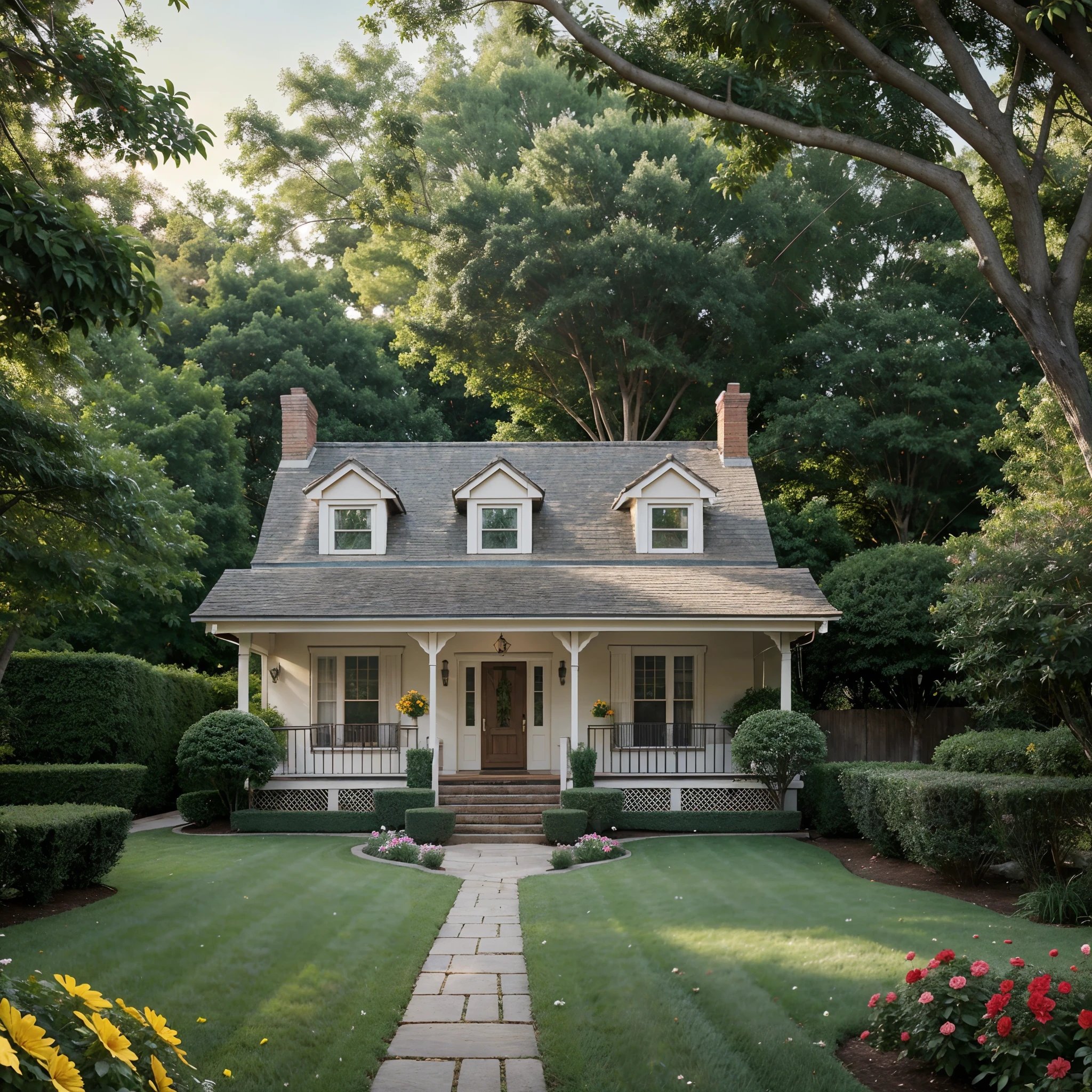 A beautiful house with a well-maintained garden, surrounded by colorful flowers, tall trees, and a white picket fence. The house is made of bricks and has a charming porch with a swing. The windows of the house are large and have delicate curtains. The garden is filled with lush green grass and various types of plants and flowers. The sunlight filters through the leaves, creating a warm and inviting atmosphere. The house has a cozy and welcoming feel, with a well-manicured lawn and a pathway leading up to the front door. The house is bathed in natural light and has a serene and peaceful ambiance. The colors of the house and the garden are vibrant and harmonious, giving the whole scene a lively and cheerful vibe. The artwork is created using a combination of traditional painting techniques and digital rendering, resulting in a visually stunning masterpiece. The attention to detail is extraordinary, with every blade of grass, petal, and brick lovingly depicted. The colors are rich and vibrant, bringing the scene to life. The lighting is soft and diffused, creating a gentle glow that adds to the overall dream-like quality of the artwork. The overall image quality is of the highest standard, with sharp details and vivid colors. The artwork captures the essence of a perfect home, a place of comfort, beauty, and happiness.