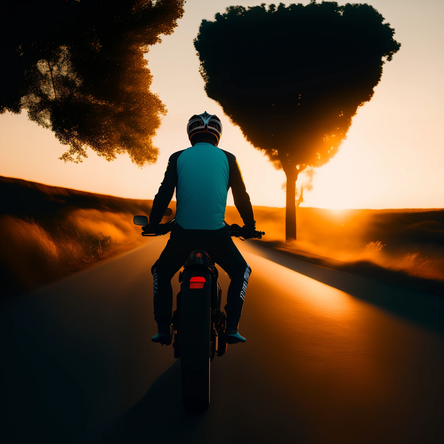 riding motorcycles，Photo of male cyclist，Photo Mecha Wind，Motorcyclist's back，shot at golden hour，sitting on the motorcycle，late sunset，late sunset，in the golden hour，Lonely rider，photo taken， realisticlying， real photograph，