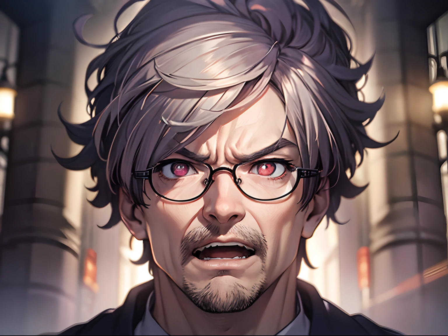 Inside the mansion，50 years old man，（（brush cut））Tough face，The face is vicissitudes，White hair, over-rim eyewear, Raised eyebrows, Wide eyes, Hollow eyes, Open mouth, crazy, Scowl, rough breath,Arms raised，Finger forward。from below, cowboy shot, Eye-Level Shot，anime big breast, Cinematic lighting,  8K, Best quality, A high resolution，（full bodyesbian）（（full bodyesbian））