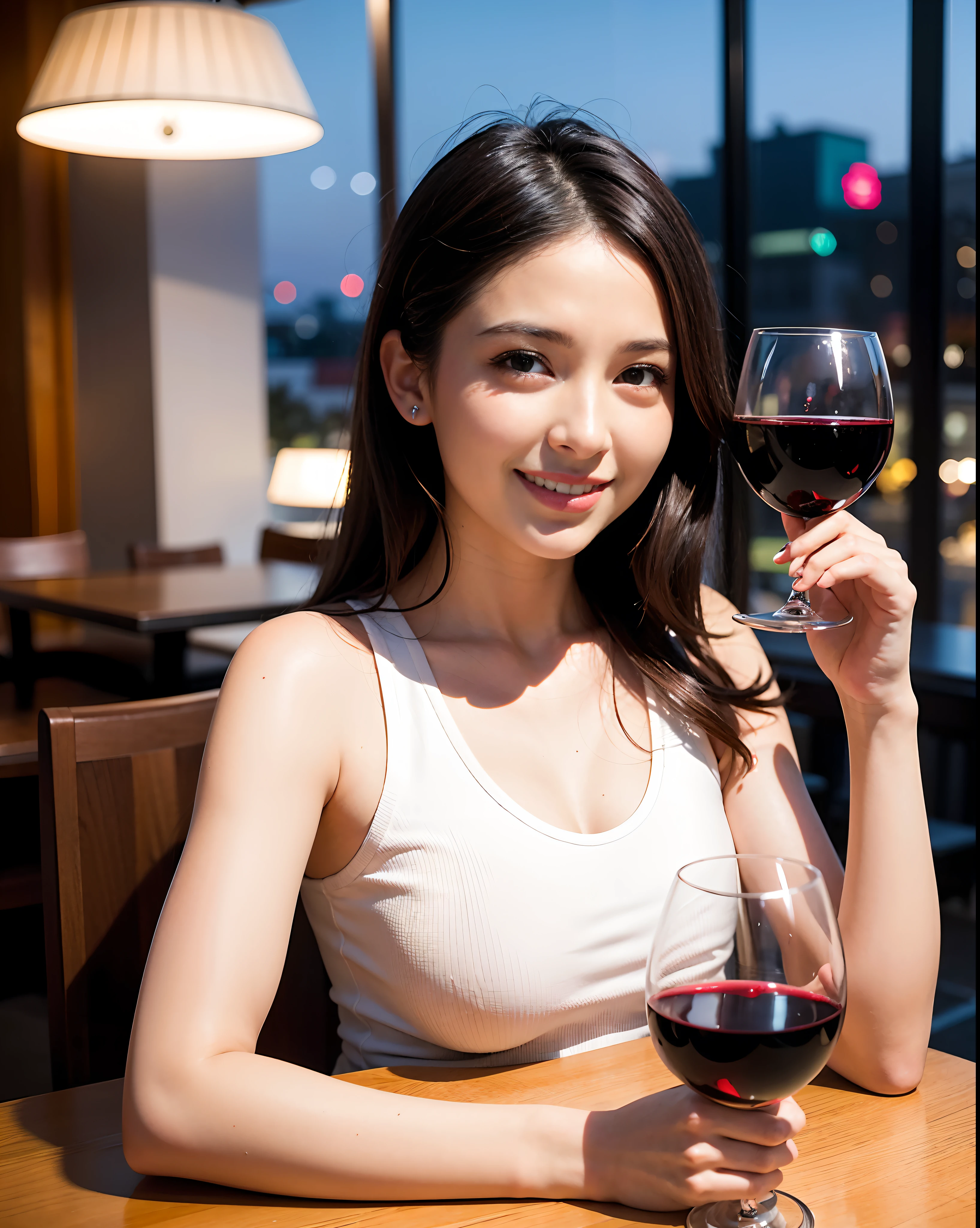 (64K, UHD, top quality, masterpiece: 1.2), (realistic, photorealistic: 1.37), super detailed, pretty woman 1 person, (slim face), (slim body), (brown hair), (short cut), cheeks slightly blushing, (44 years old), 38 years old, solo, beautiful detailed urban night view outside the window, restaurant, wine glasses sit, at night, in a prominent placeNovaFrogStyle, Actress, Model, Waist Up, White Wine, Slim, Wine Glass, Super Clean Night View, Wine Glass Put in the Middle, Happy Smile, (Smile: 1.15), Beautiful Fine Eyes, Upper Body, Bust Japan Up, Night, Short, Short, Actress, Model, Waist Up, White Wine, Slim, Wine Glass, Super Clean Night View, Wine Glass Put in the Middle, Happy Smile,
