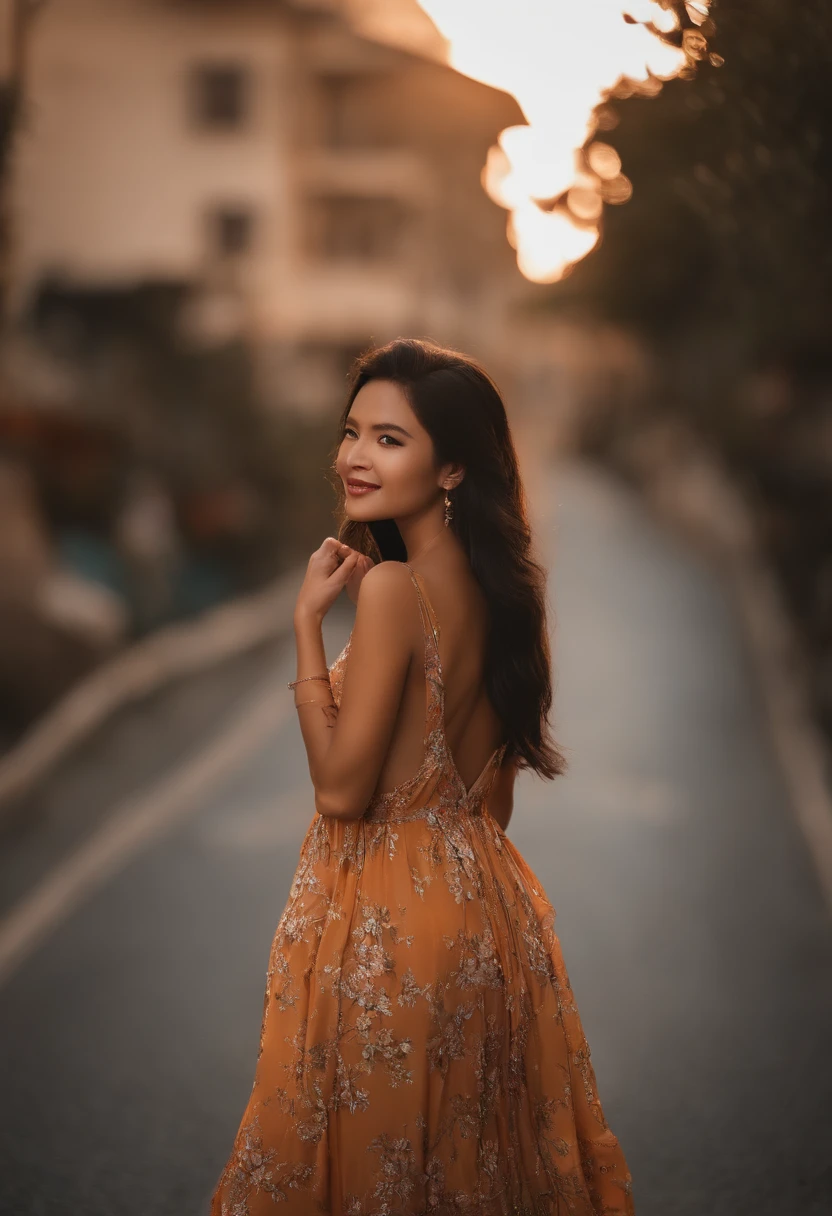 absurderes,(tmasterpiece、top-quality、8K ),intricately details,ultra - detailed、1 girl in、A smile、(Backless summer dress :1.4),Looking back、Seaside road、Summer sky、sunburn marks、Ultra photo realsisim,Perfect anatomy, Big but,Long black hair