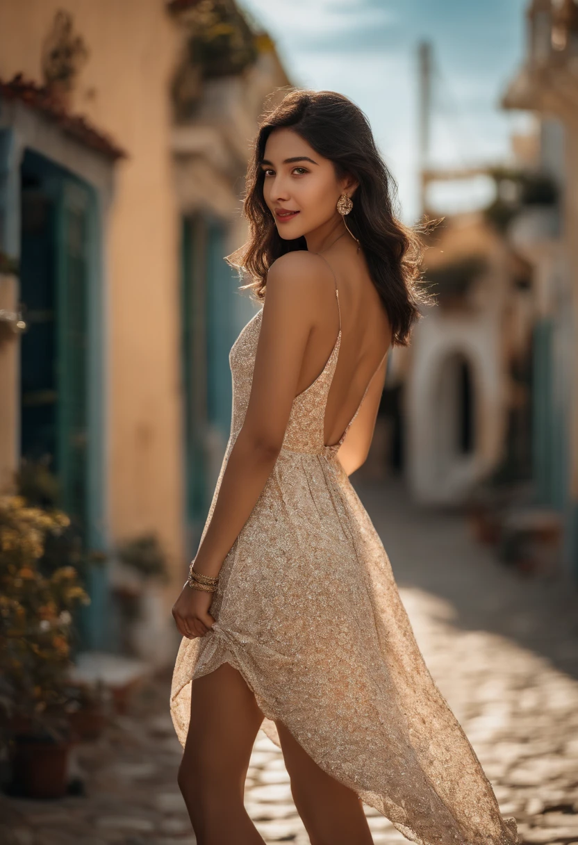 absurderes,(tmasterpiece、top-quality、8K ),intricately details,ultra - detailed、1 girl in、A smile、(Backless summer dress :1.4),Looking back、Seaside road、Summer sky、sunburn marks、Ultra photo realsisim,Perfect anatomy, Big but，Long black hair