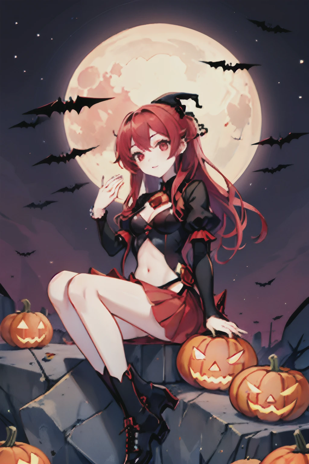 The art of segmentation，1girl，Red moon，borgar，pumpkins，the bats