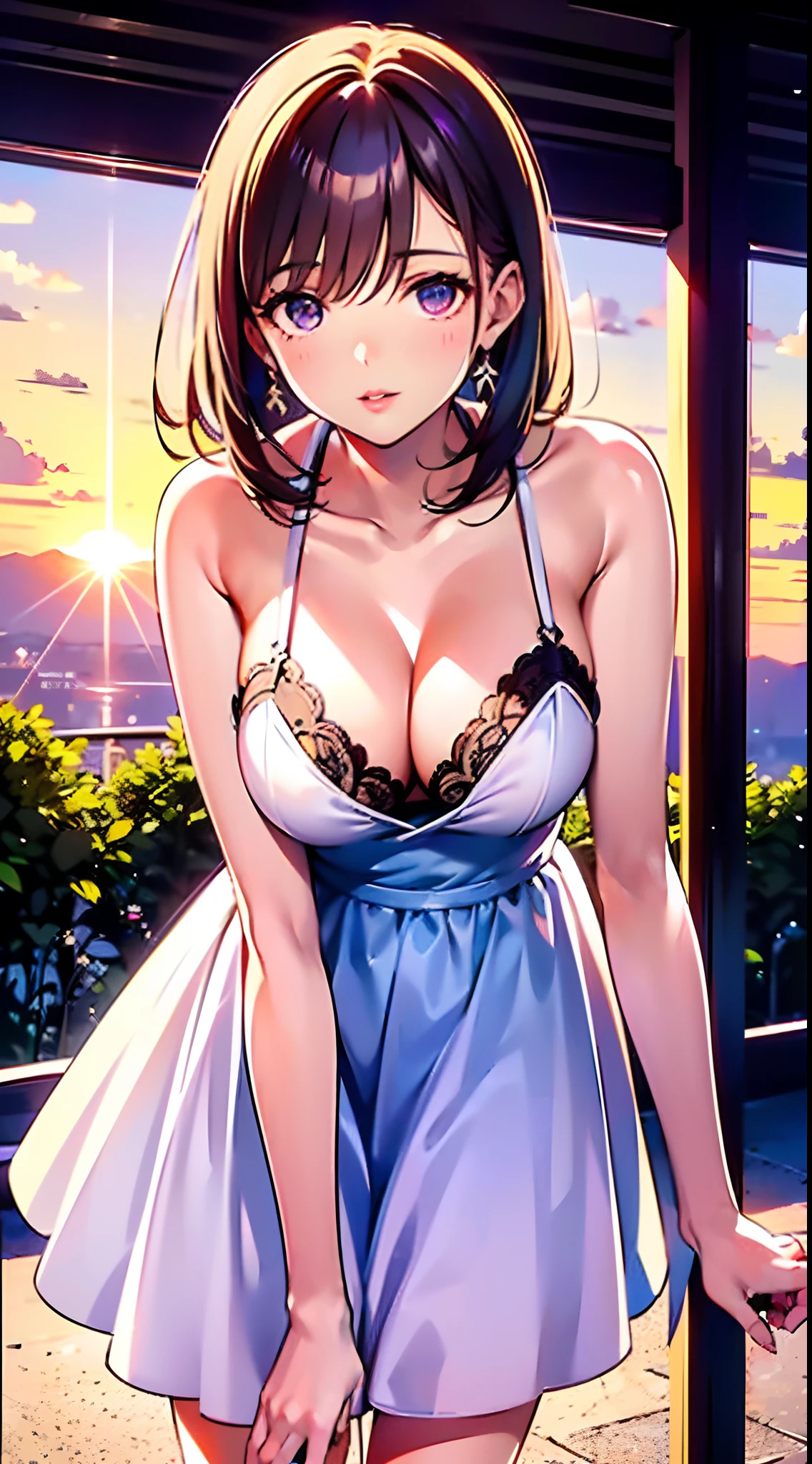 (masutepiece), (pantypull, Undressing, frombelow) , Leaning forward, 1girl in, Beautiful face, Brown hair in the middle , (Lips of desire:1.4) Photo taken by SLDR, Happy, high detailed face, Soft light, , Summer dress), Soft skin, (Sunset, the golden hour)