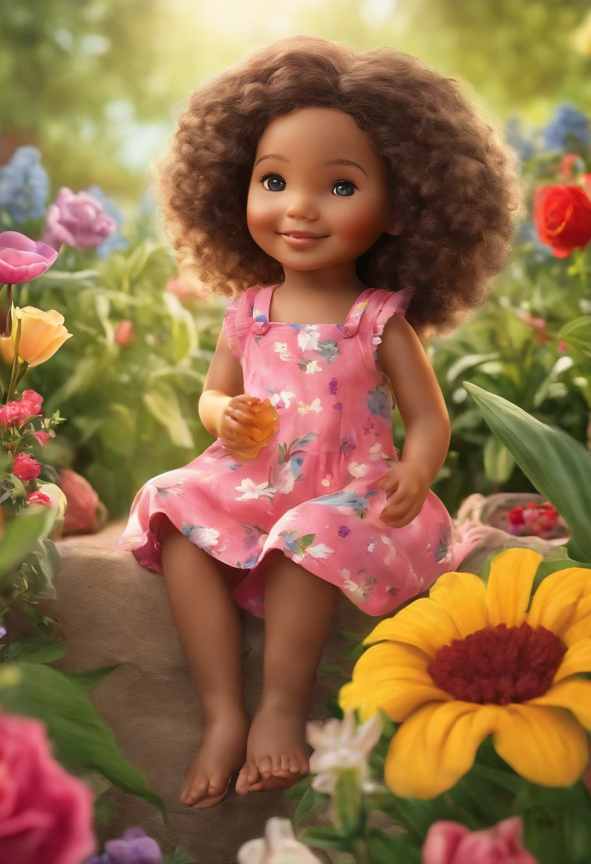 a girl with beautiful curly hair, wearing a colorful dress,sitting in the middle of a vibrant flower garden, surrounded by various types of flowers, such as roses, daisies, and tulips. The girl has a big smile on her face, and her eyes are gleaming with joy. The garden is filled with vibrant colors, with a mixture of red, yellow, pink, and purple flowers. The sunlight cascades through the leaves, creating a warm and inviting atmosphere. The girl is holding a soft and plush toy in her hands, and she is gently rocking it back and forth. The garden is filled with the sweet scent of blooming flowers, creating a delightful sensory experience. The girl’s dress is made of a lightweight fabric, with a bright and cheerful pattern that complements the vibrant colors of the flowers. The flowers in the garden are in full bloom, and their petals are delicately textured and highly detailed. The girl’s curly hair is cascading down her shoulders, and it is beautifully styled with a flower crown, which adds a touch of whimsy to her overall look. The is wearing a cute and vibrant reusable wax diaper, adding a playful and eco-friendly element to the scene. The entire scene is bathed in warm and soft lighting, which further enhances the beauty and tranquility of the garden. This prompt is designed to generate a high-quality and visually appealing image, with a focus on the girl, the flower garden, and the overall joyful atmosphere. The prompt emphasizes the detailed and realistic depiction of the girl's facial features, the vibrant colors of the flowers, the texture and intricate details of the petals, and the overall vibrant and cheerful mood of the scene. The prompt also highlights the eco-friendly and playful element of the babyring a reusable wax diaper, adding a unique and interesting twist to the image. The prompt utilizes a variety of tags to convey the desired image, including tags related to image quality, such as "best quality", "highres", and "ultra-detailed", as we