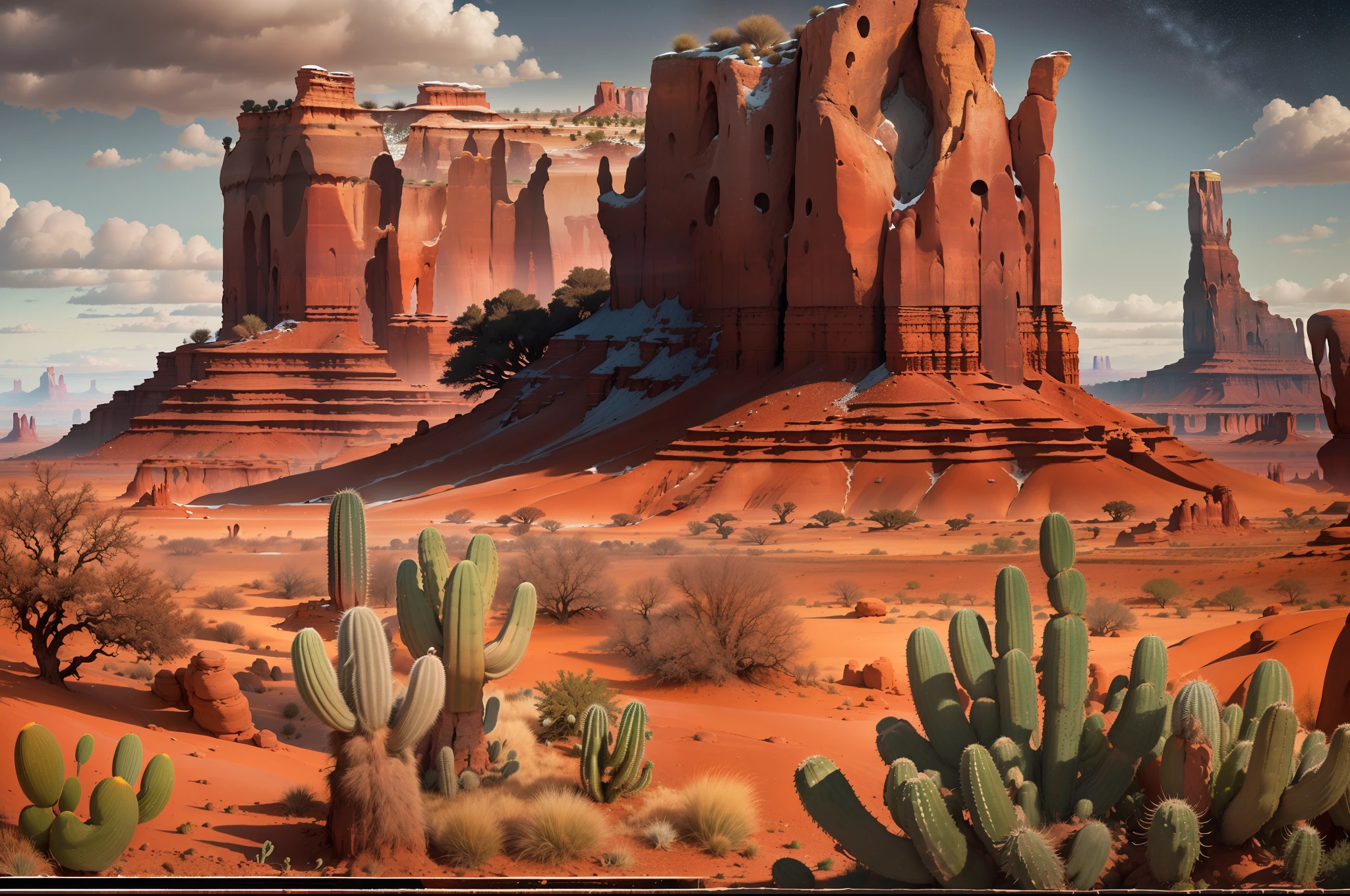 (Best quality,4K,A high resolution,Masterpiece:1.2),Artistic,Natural scenery,Stunning landscapes,Photography,Under the night sky (monument valley, Tsé Bii Ndzisgaii),(Huge sandstone formations, towering rock),geomerty，