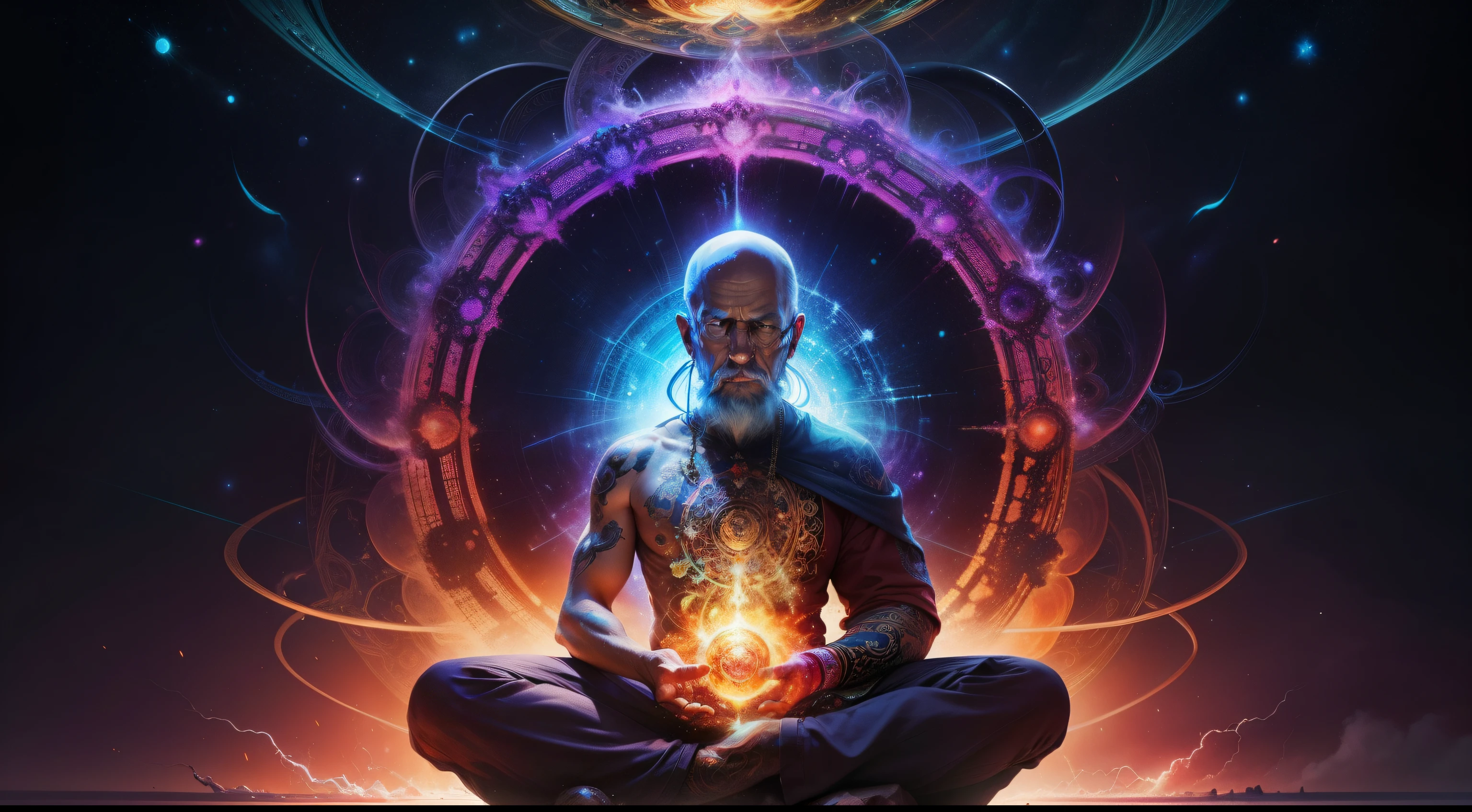 a colorslashh An explosion of colors, hyper realistic ,liquid,, oldman sitting in a lotus position, complex stuff around, intricate in the background, Spiritual, divine, dreamlike, cosmic, mind blowing, god, pineal gland, dream like,