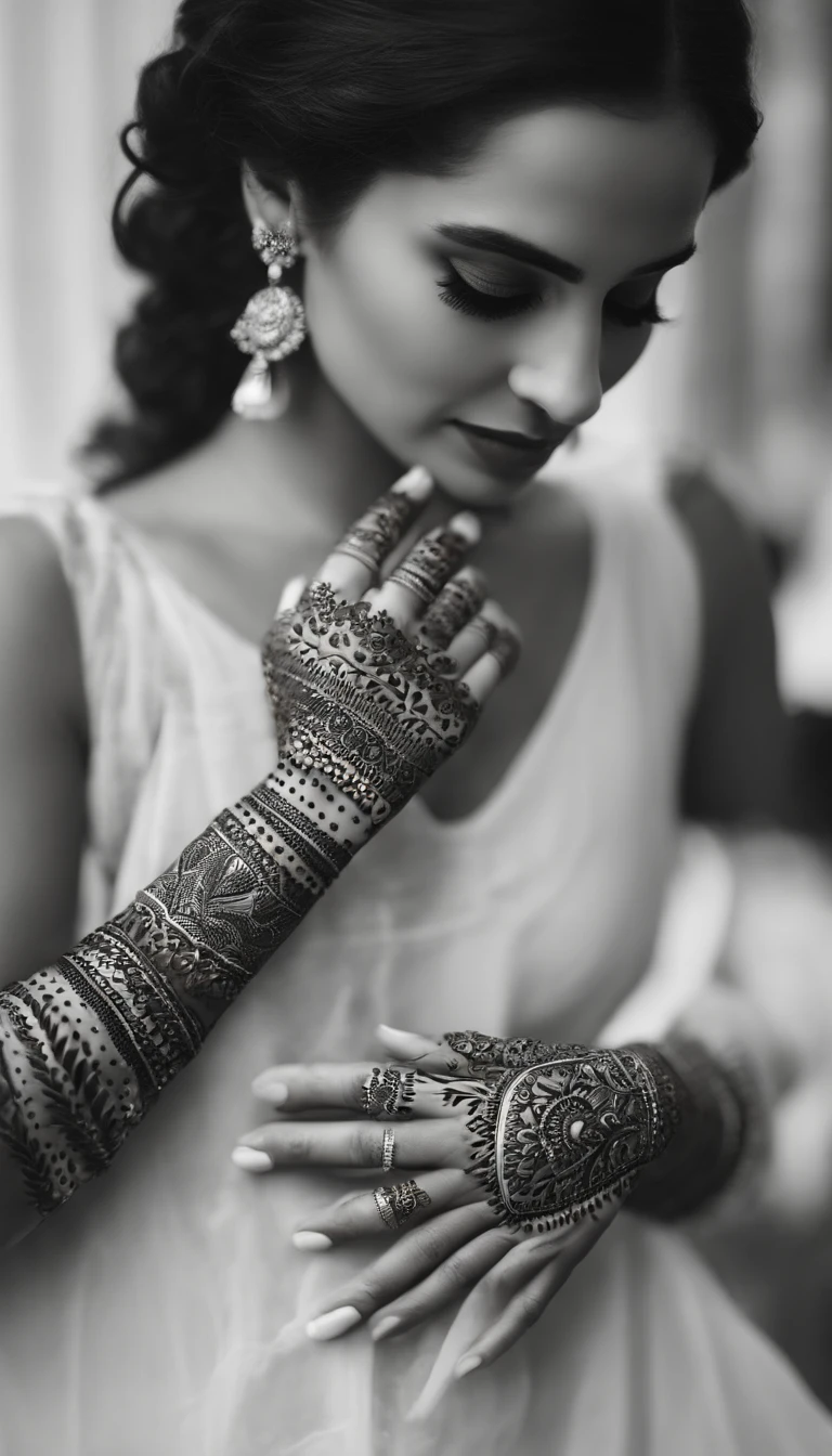 Create an image of modern Middle Eastern women applying henna for traditional body art. Negative prompt: ((000000)), ((ffffff)), (EasyNegative:0.8), (bad-picture-chill-75v:0.8), (badhandv4:1), ((out of frame)), lowers, (((text))), error, cropped, worst quality, low quality, normal quality, jpeg artifacts, ((signature)), ((watermark)), ((username)), blurry, artist name, cgi, 3d, plain --ar 3:2