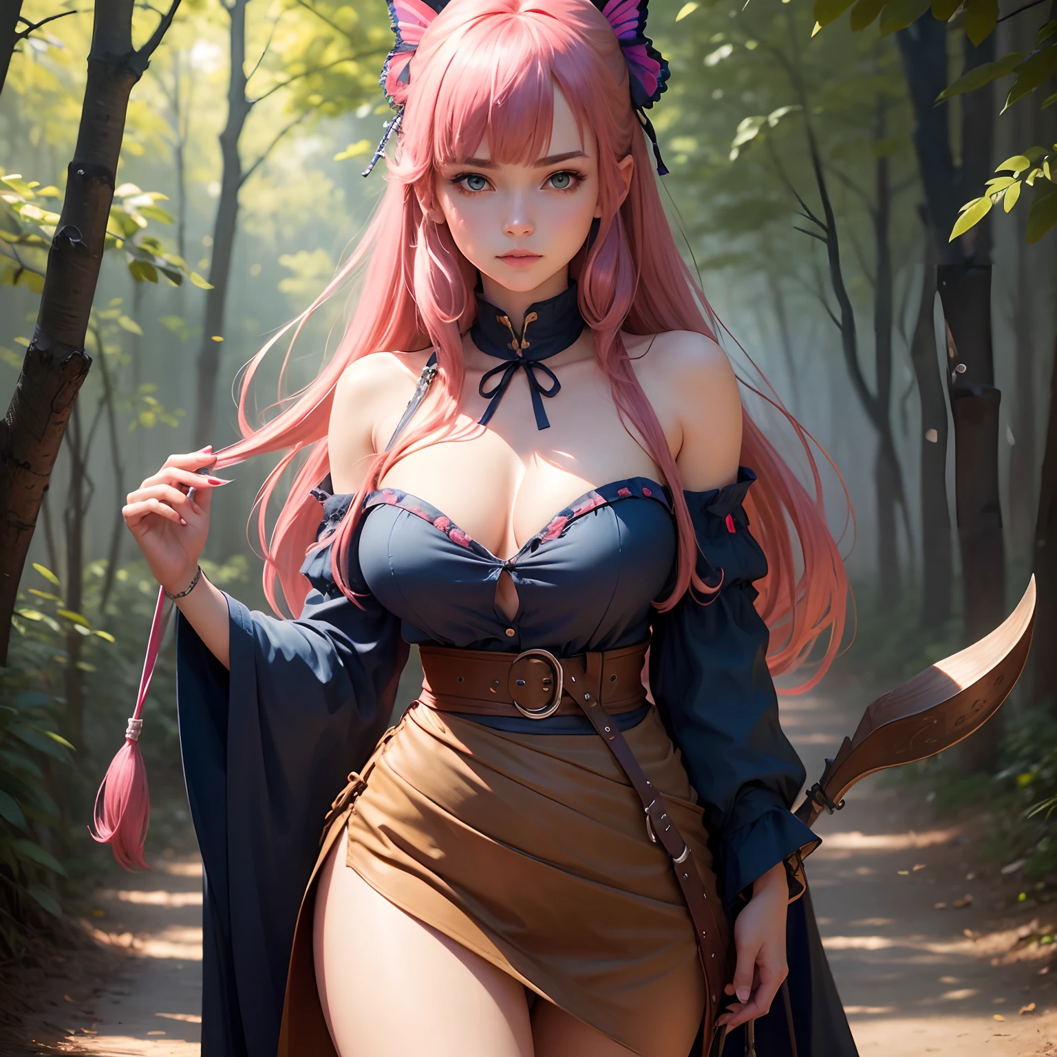 8k, masterpiece, best quality, realistic, higly detailed, cowboy shot, 1girl, solo, Nino, cute, cold-looking girl, waist-length straight hair, square bangs hanging over eyebrows, reddish-pink hair, twin butterfly-shaped ribbons on both sides of head, dark blue eyes, average height, well-endowed figure, large breasts, fashionable girl, various cute accessories, takes care of nails, Archer