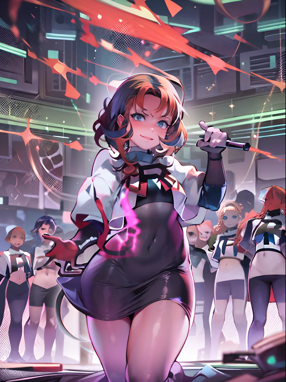 Annette War standing on the stage, wearing the iconic Team Rocket uniform with a red letter R prominently displayed. She is dressed in a white skirt and a white crop top, completing her outfit with black thigh-highs and black elbow gloves. Annette is passionately singing into a microphone, captivating the crowd with her powerful voice. The concert background is alive with vibrant lights and a mesmerizing stage setup. The audience is completely immersed in the performance, cheering and clapping along to every beat. Annette's presence and talent mesmerize everyone, creating an electric atmosphere. The scene captures the essence of her performance, with the energetic crowd and Annette's captivating voice filling the air. The artist should focus on depicting the passion and excitement of the concert, highlighting Annette's dynamic presence on stage. The resulting image should reflect the high quality and attention to detail, with vivid colors, sharp focus, and realistic lighting effects.