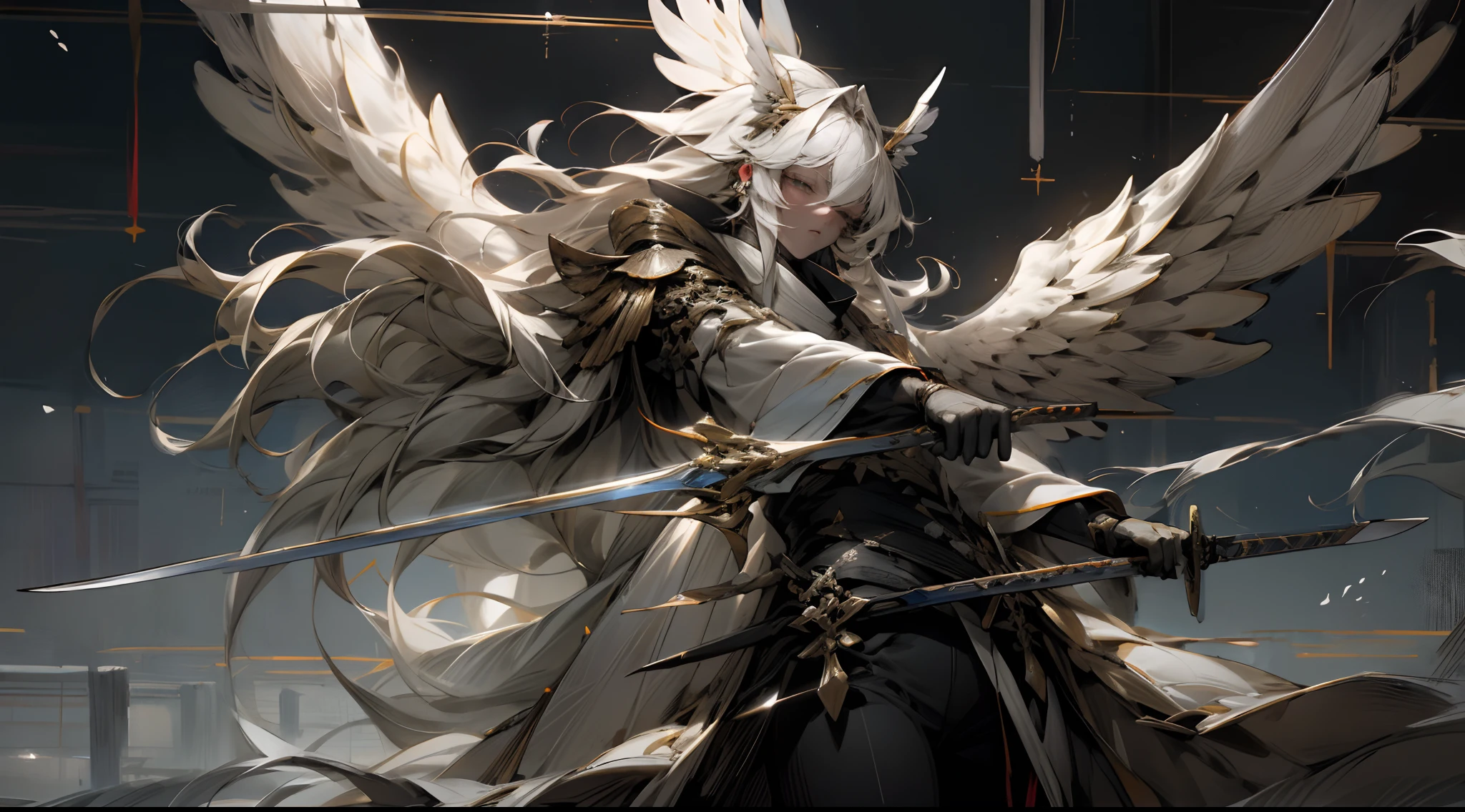 tmasterpiece, Best quality at best, high high quality, (afofuturism:1.1), (Cyberpunk costumes), 电影灯光, (Exquisite future), Beautifully and beautiful, ultra - detailed, The composition is great, floatking, depth of fields, (VerydetailedCG,Unity 8k壁纸), (Beautiful detail background), Beautiful hair details, dramatic lights, GOGETTA,white colors,white color mecha,best qualtiy,超高分辨率,Photorealistic and realistic,Beautiful wings,Metal wings,Steel wings,Luminous Great Sword,Hold the big sword horizontally,eyes glowing,Sideways photo,Lateral face