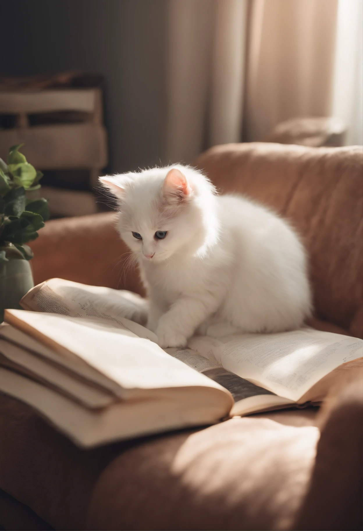 there is a cat on it, a cute little cat, The cutest kitten in history, Very beautiful and cute girl cat, Lewd and excited white cat, a cute little cat, Intelligent cat, an anthro cat, funny cat, cute kittens, And a sad cat. They read books on the couch、Sitting on a chair. They are relaxing after a hard day. They are wearing pajamas.
