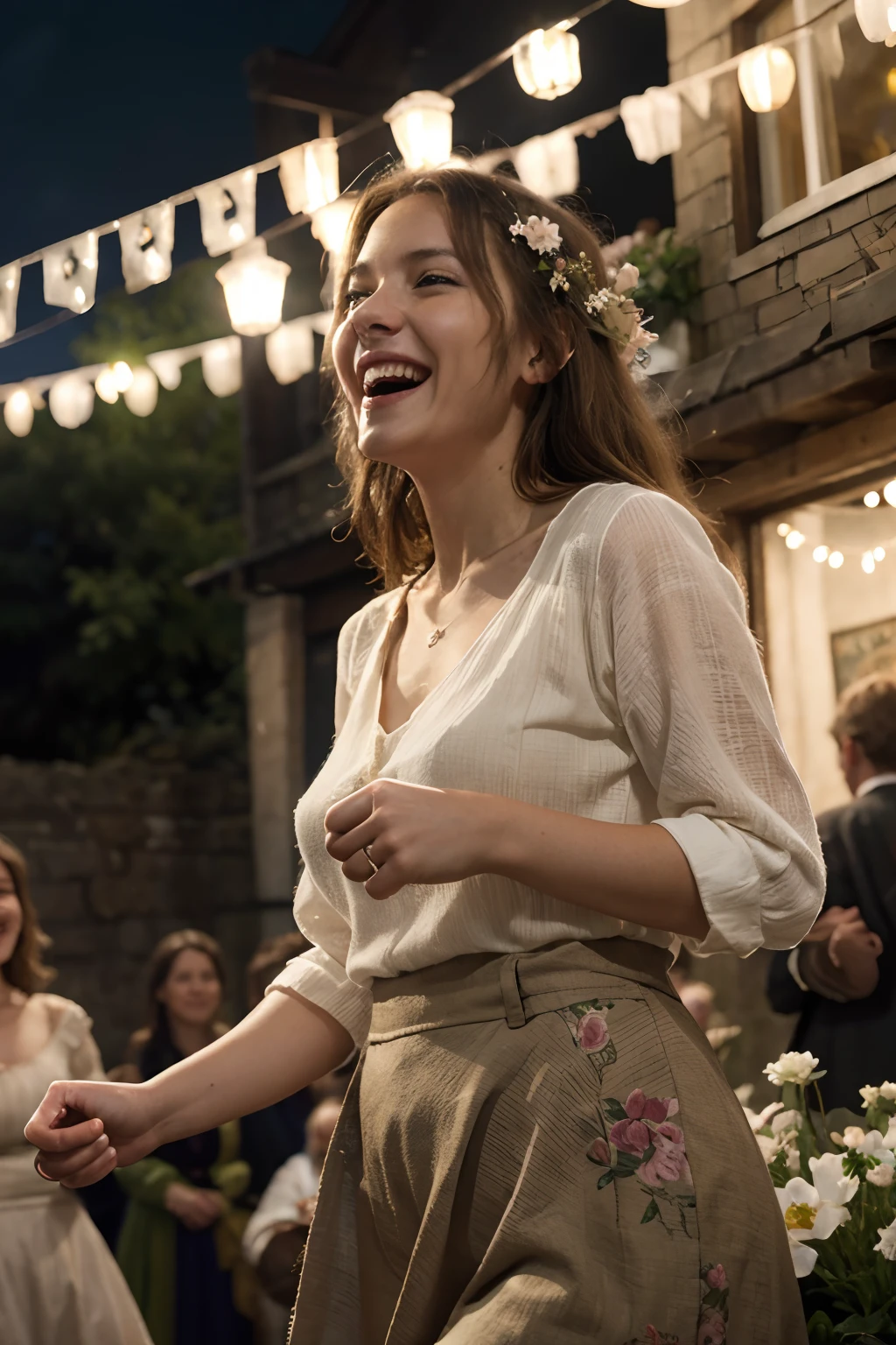 (best quality,4k,8k,highres,masterpiece:1.2), ultra-detailed, realistic:1.37, top-quality, masterpiece, celtic, elvish, Irish villages, feisty atmosphere, soft breeze, fairytale-like scenery, lively festivals, vibrant flowers, rhythmic music, captivating performances, magical notes in the air, flickering lamplights, joyful laughter.