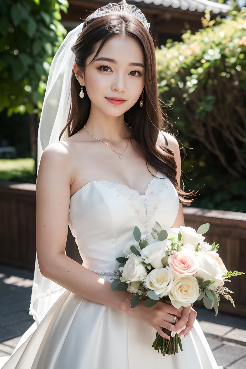 1girl in, white wedding dress, Bare shoulders, blooming flower field, lightsmile