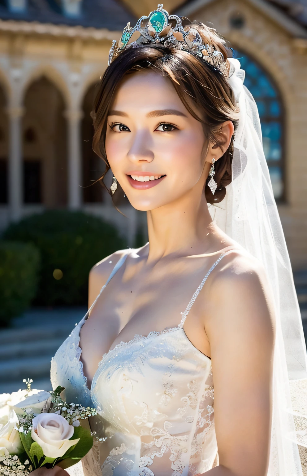 Turbulent posture, (very delicate and beautiful work), (masterpiece), 1girl, girl in a wedding dress with a tiara on her head, in front of the church, veil, lace, throwing a bouquet up, high definition, ridiculous, charming expression, smile, beautiful clear eyes, green eyes, delicate necklace, delicate earrings, whole body, various poses, simple background blur, ultra-fine depiction, beautiful, charming, ultra-fine painting, Delicate face, delicate figure, slender collarbone, lovely lips, beauty big, soft back, mix4, (8k, RAW photo, best quality), masterpiece: 1.2), (realistic, photorealistic: 1.37), one girl, cute, professional lighting, photon mapping, radiosity, physically based rendering