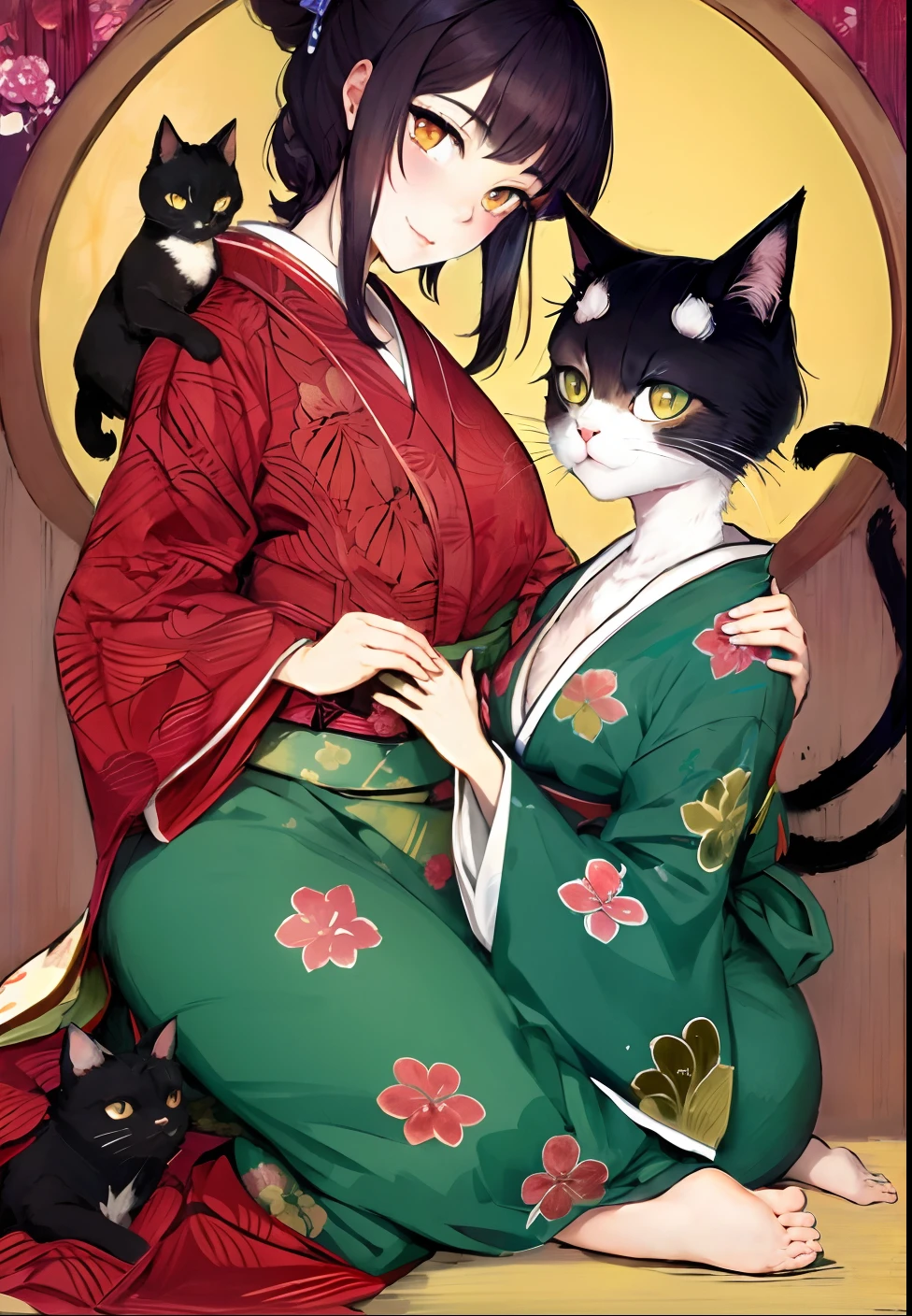 Anime girl in kimono costume with two cats on her lap, japanese art style, anime cat, in a kimono, by Kamisaka Sekka, in a kimono, beautiful anime catgirl, In pixiv, anime catgirl, Someone, by Kamagurka, Pixiv Contest Winner, anime cover, pixiv, anime style 4 k