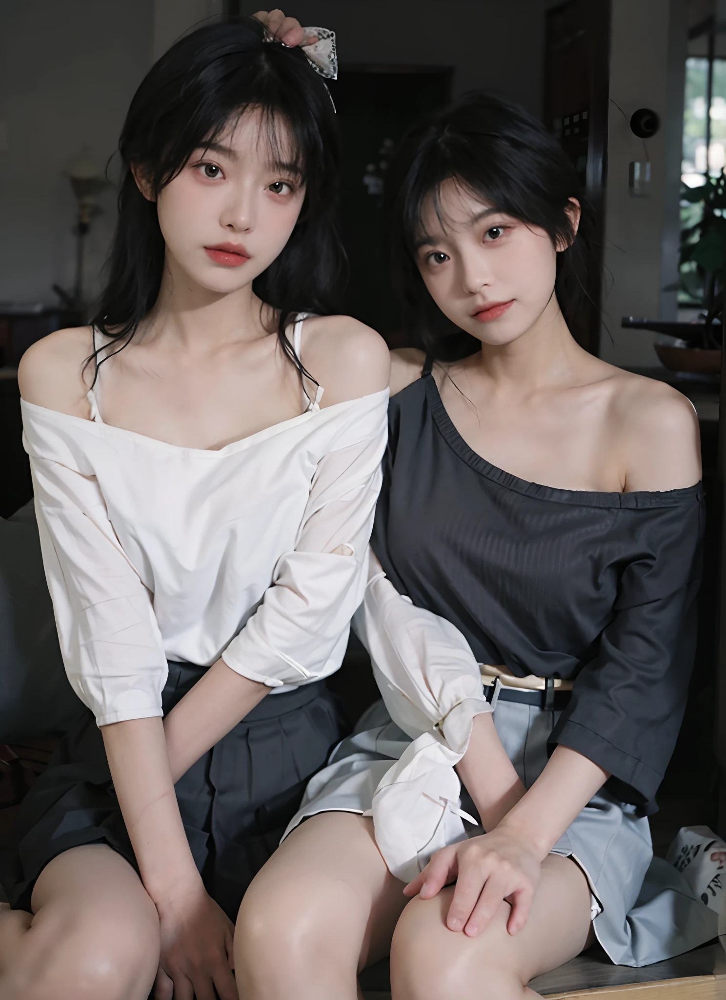 best qualtiy, 超高分辨率, (realisticlying:1.4), one-girl, A pair of clear and moving peach blossom eyes,Royal Sister,Black long straight,Yellow tight skirt, (big cleavage breasts:1.2), looking at viewert, closeup cleavage ,