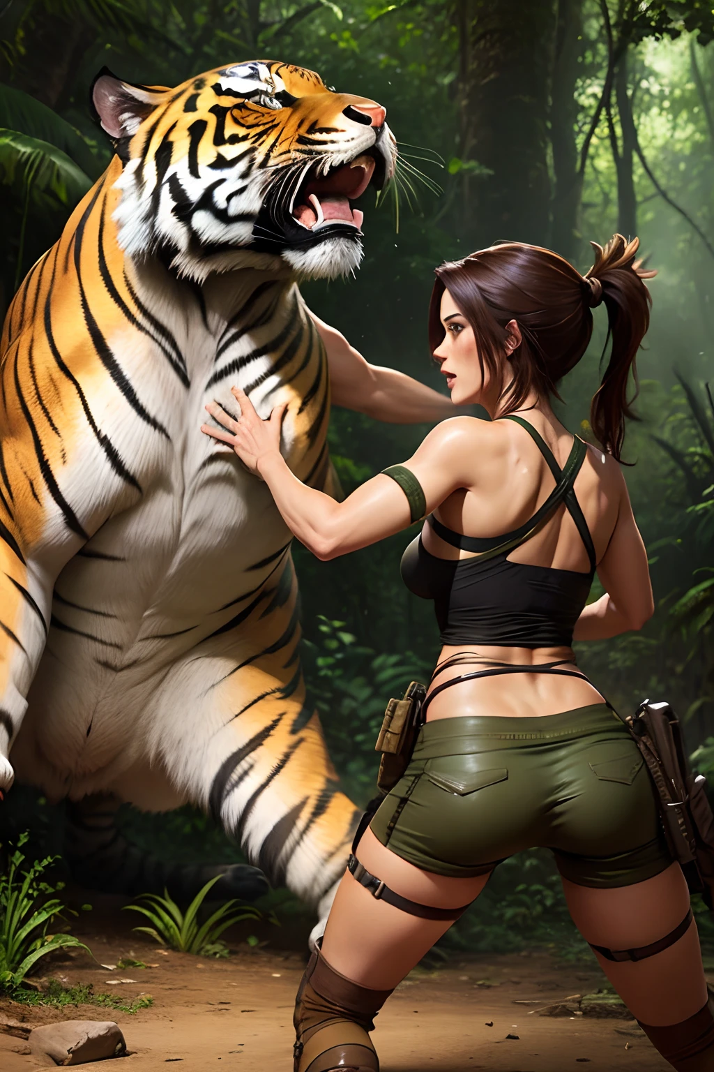 A tiger attacking Lara Croft in the jungle