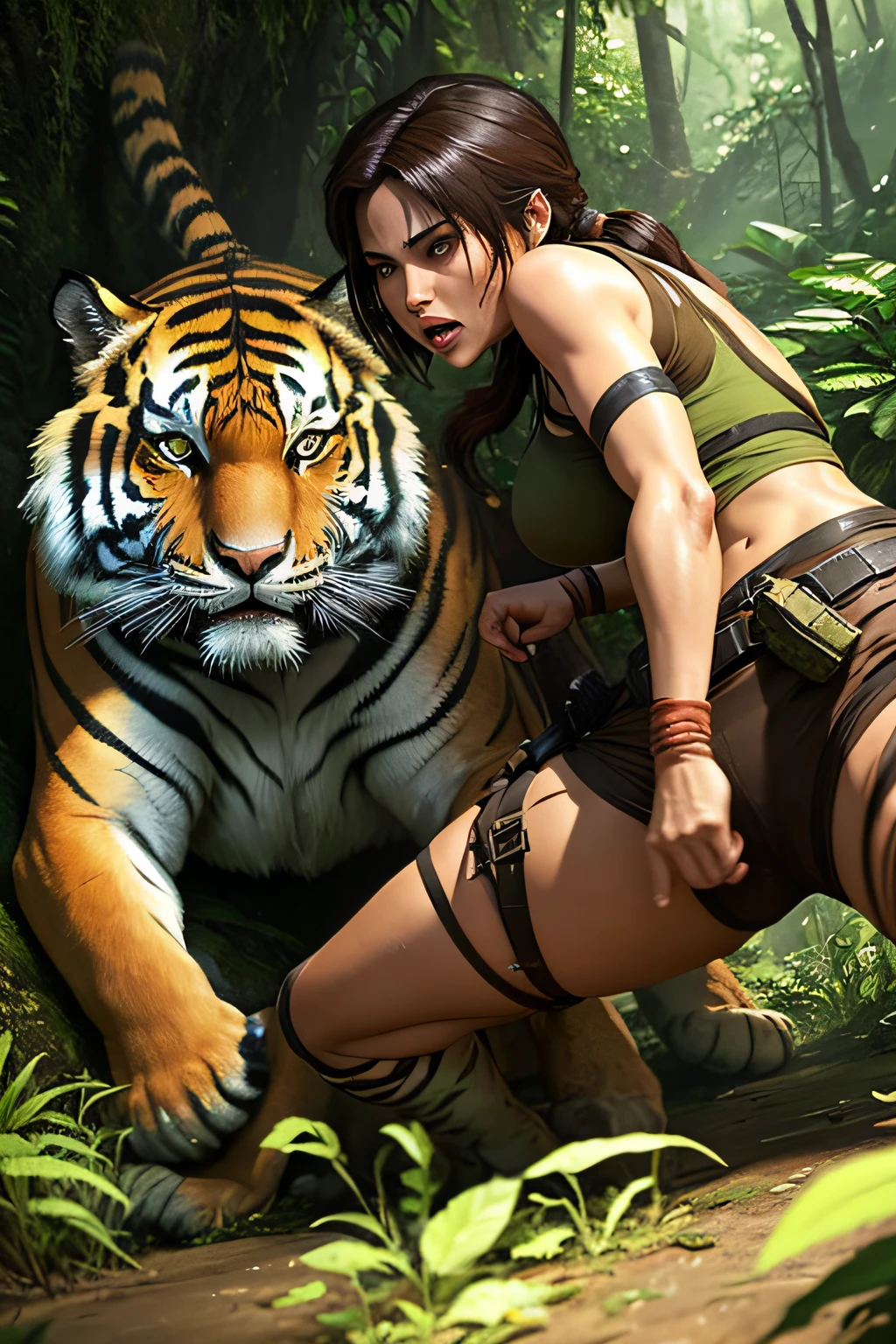 (Lara Croft, large breasts, sparse pubic hair) vaginal, oral, anal fucking by (many huge male gorillas with gorilla penis) in ancient ruins in the jungle