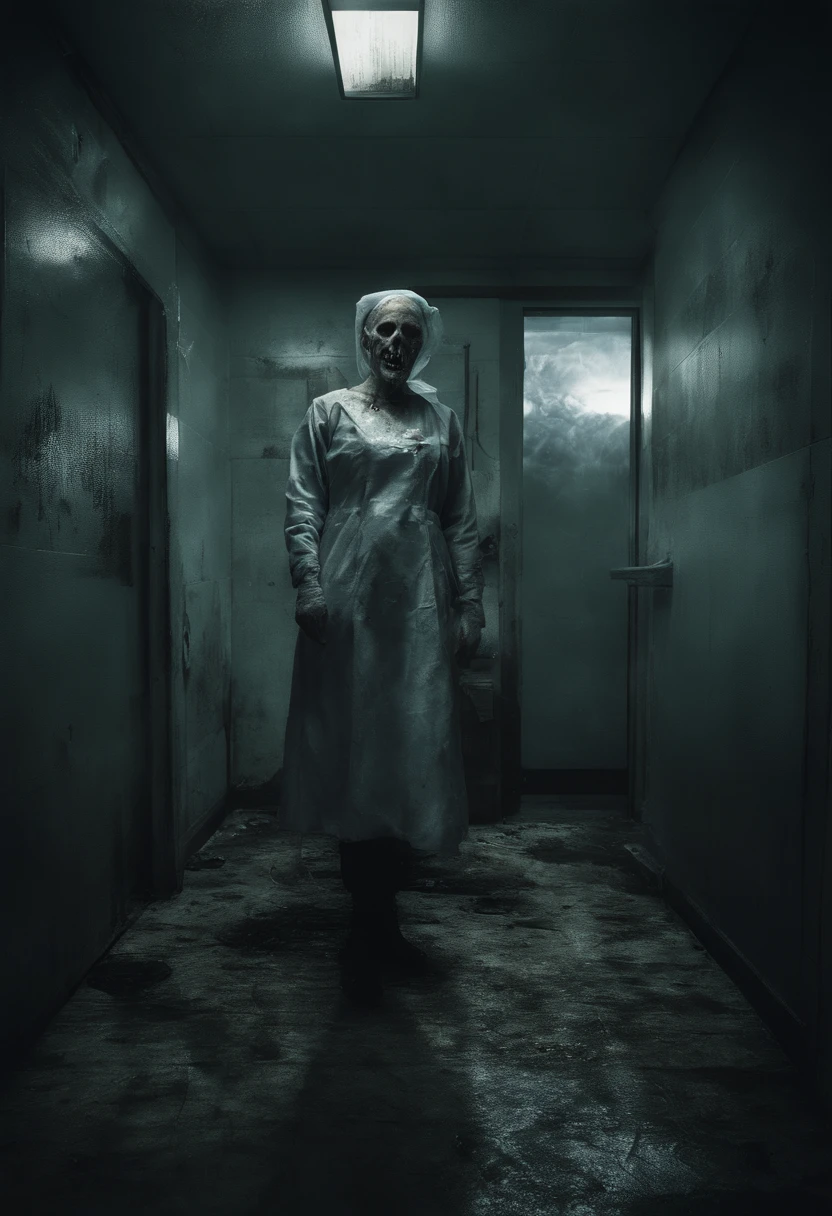 Nurse appearance、Women with large breasts, h. p. Lovecraft、Hellraiser、God of Cthulhu 、Translucent skin, ((drooping teeth)),Visible veins under the skin, Dark, onimous、Abandoned hospitals、Hospital Room、Messy floor