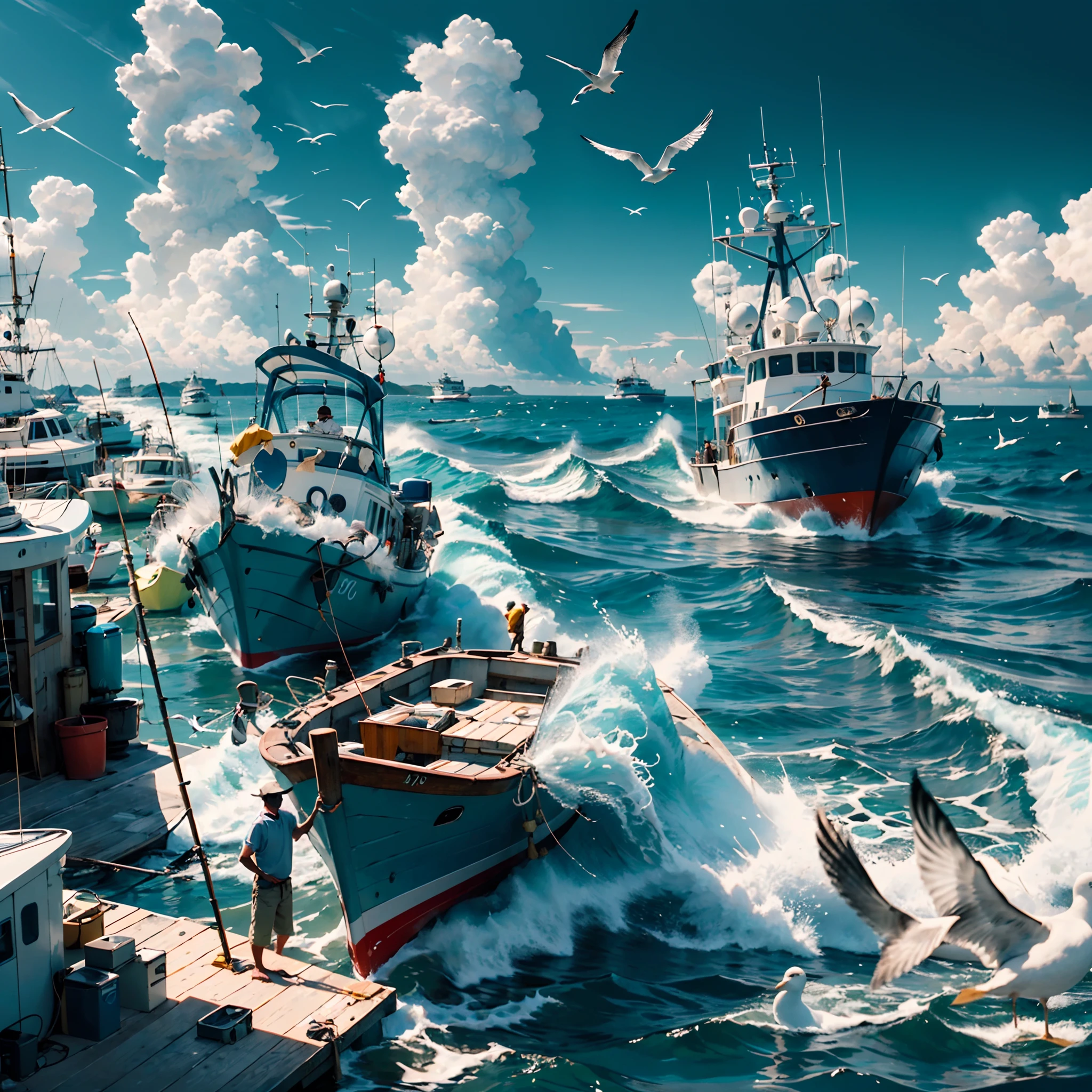 the sea,The fishing boat rocks gently,A gentle breeze blows the sea,Brings a burst of coolness,Fishermen sit in boats,Focused on busyness,Silently plunge into the arms of the sea,Seagulls hover in the air,Accompany the voyage of fishing boats,It seems to be looking for their delicacy,comic strip,the sea