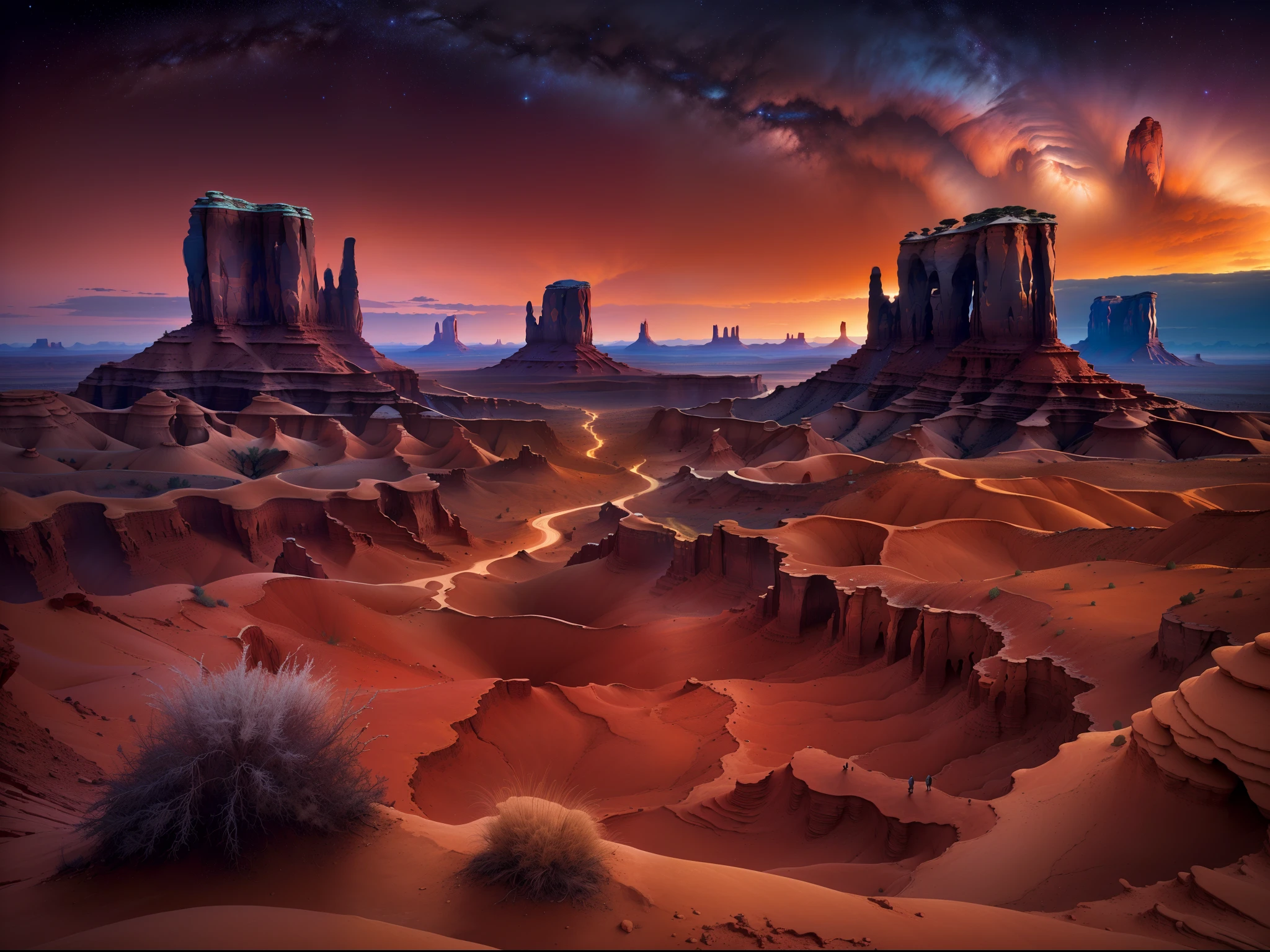 (Best quality,4K,A high resolution,Masterpiece:1.2),Artistic,Natural scenery,Stunning landscapes,Photography,Under the night sky (monument valley, Tsé Bii Ndzisgaii),(Huge sandstone formations, towering rock),geomerty，