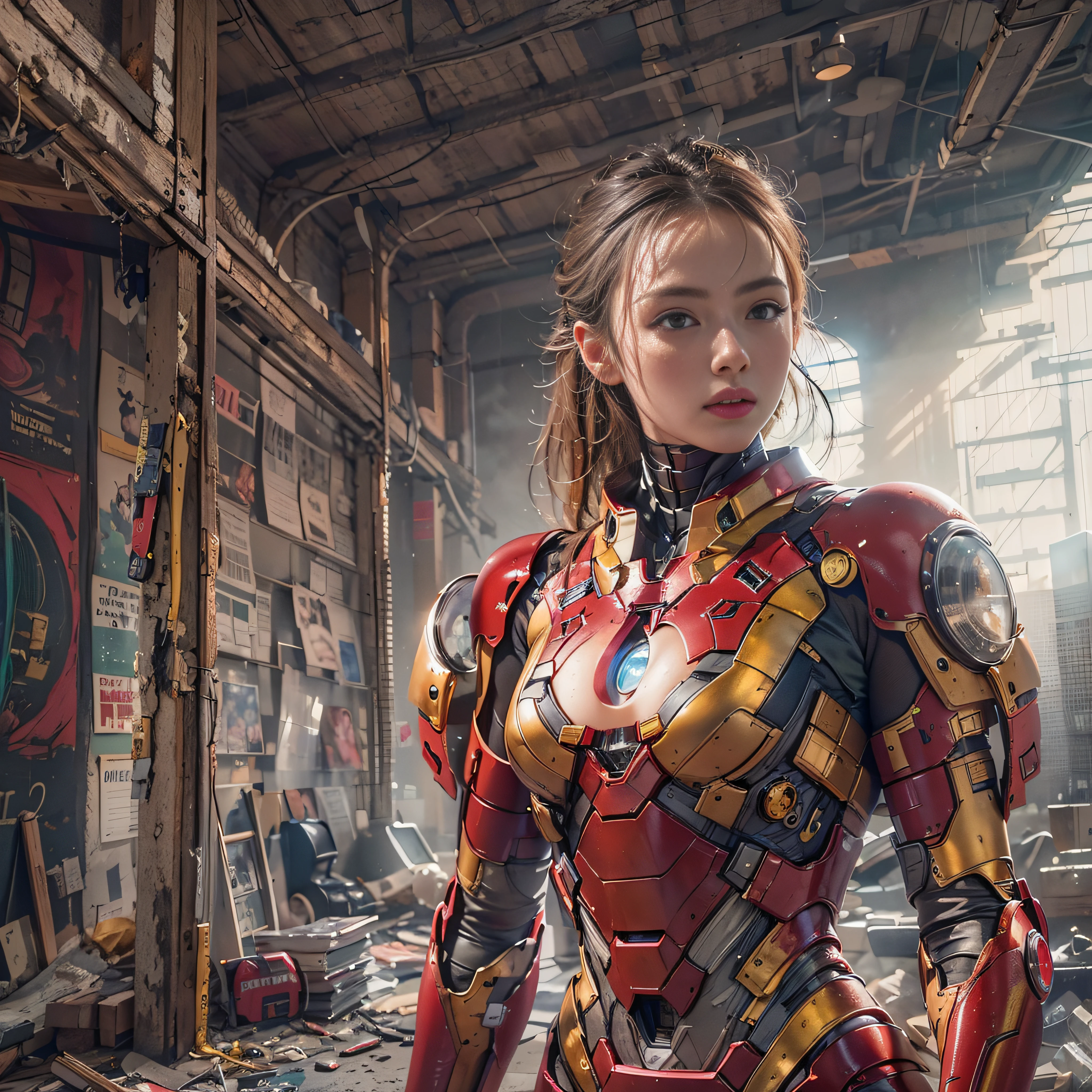 (1girl:1.3), solo,__body-parts__, official art, unity 8k wallpaper, ultra detailed, beautiful and aesthetic, beautiful, masterpiece, best quality, RAW, masterpiece, super fine photo,, best quality, super high Resolution, photorealistic, sunlight, full body portrait, stunningly beautiful,, dynamic pose, delicate face, vibrant eyes, (side view), she is wearing a futuristic Iron Man mech, red and gold, Highly detailed abandoned warehouse background, detailed face, detailed complex busy background, messy, gorgeous, milky, high detailed skin, realistic skin details, visible pores, sharp focus, volumetric fog, 8k uhd, dslr camera, High quality, film grain, fair skin, photorealism, lomography, sprawling metropolis in a futuristic dystopia, view from below, translucent