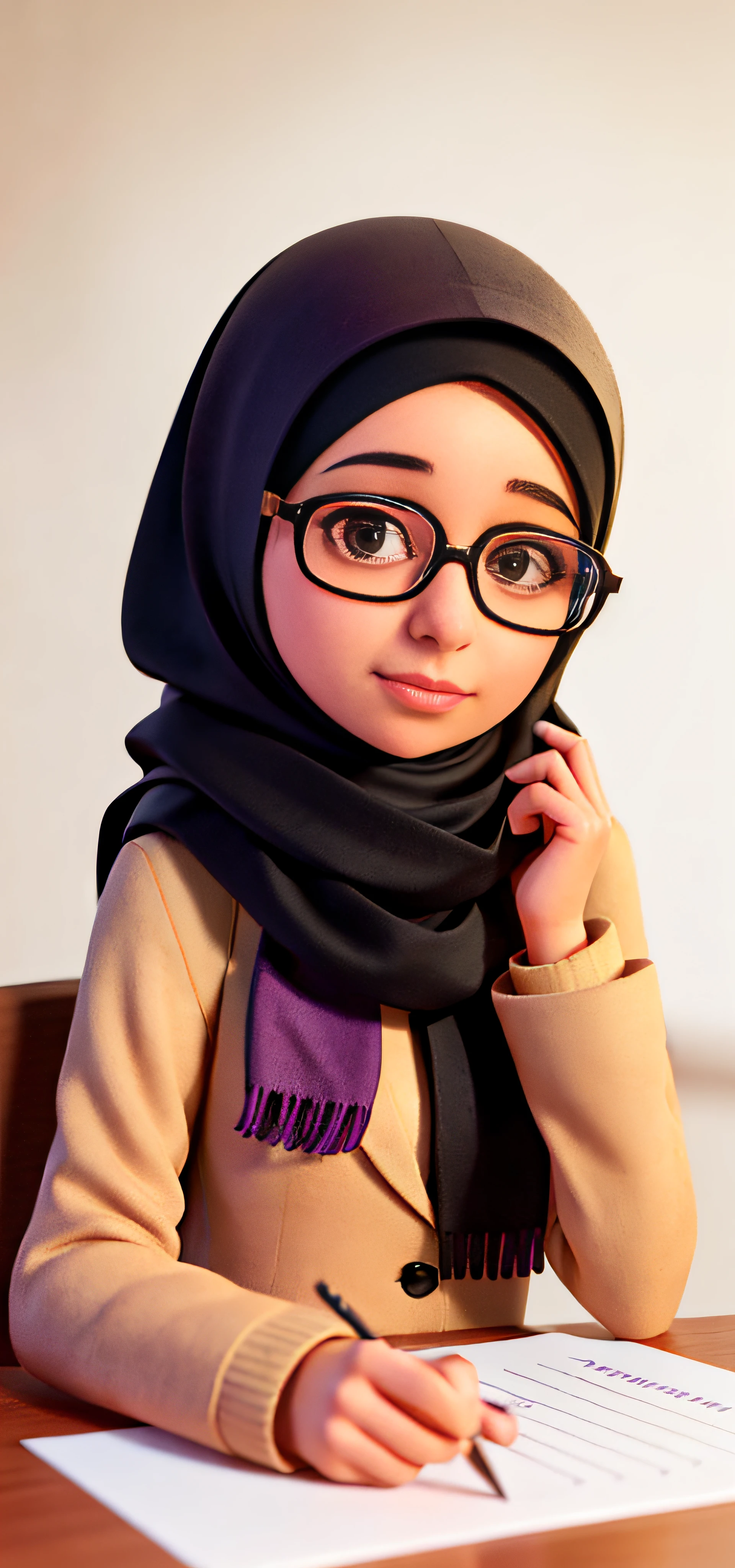 young woman wearing glasses and a scarf sitting at a table, a picture inspired by Shaddy Safadi, instagram, hijab, with glasses, student, with accurate face, with square glasses, protrait, picture, close up potrait, solo