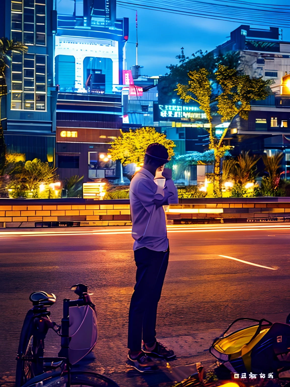 Change the background as a moder city and also change cloth of man stand look like amazing.