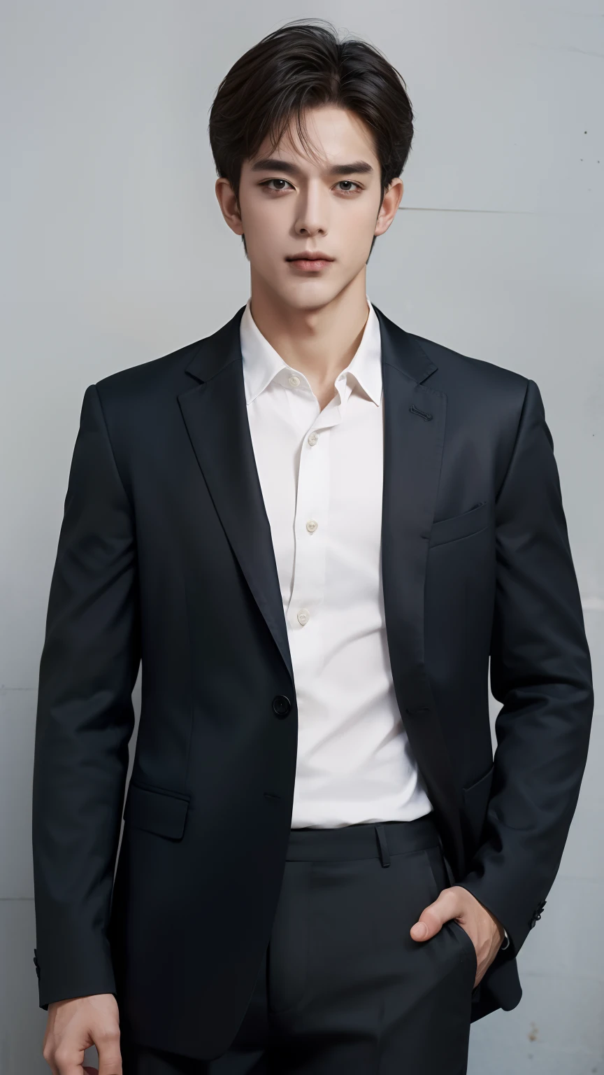 of a guy, White color blouse, The shirt is tucked into the pants, Wearing black trousers, Very handsome, Sunny and healthy, The best picture quality, Tall figure, Robust muscles, urban backdrop, mature, Cowboy shot, Anatomically correct, Masterpiece