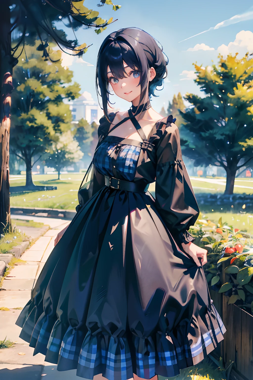 a 20 yo woman、Black blue Hair、Twin-tailed、Big smile、Blue gingham check dress、full body Esbian、(hi-top fade:1.3)、dark themed、Muted Tones、Subdued Color、highly contrast、Green meadow background、Have autumn fruits、apple、(natural skin textures、Hyper-Realism、Soft light、sharp)