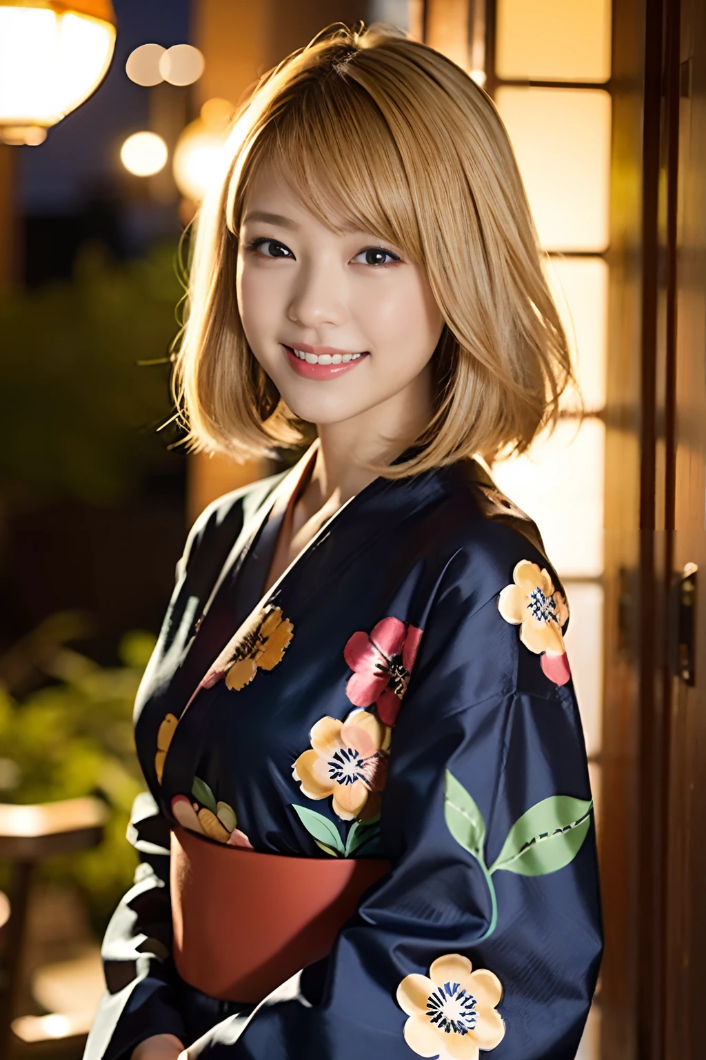 (8K、Raw photography、top-quality、​masterpiece:1.2)、(realisitic、Photorealsitic:1.37)、ultra-detailliert、超A high resolution、女の子1人、beautifull detailed face、A smile、Constriction、(Slim waist) :1.3)、Beautiful detailed skin、Skin Texture、Floating hair、Professional Lighting、Whole human body、Longhaire、a blond、Japan floral yukata、matsuri、inside in room、Bob Hair、Background of the fireworks display、look behind
