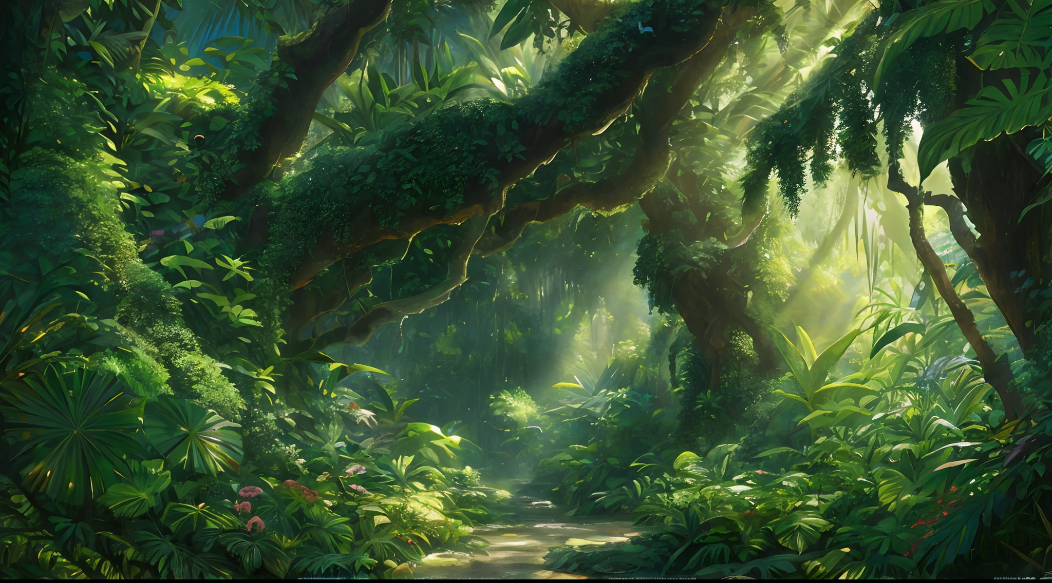 Digital illustration, detailed and intricate, of a dense jungle filled with exotic plants and animals, the sunlight filtering through the canopy creating a dappled effect. In the style of Yoshitaka Amano and Hayao Miyazaki, masterpiece, proportional, detailed, trending on artstation, beautiful lighting, realistic, intricate, award winning, 4k, highest quality