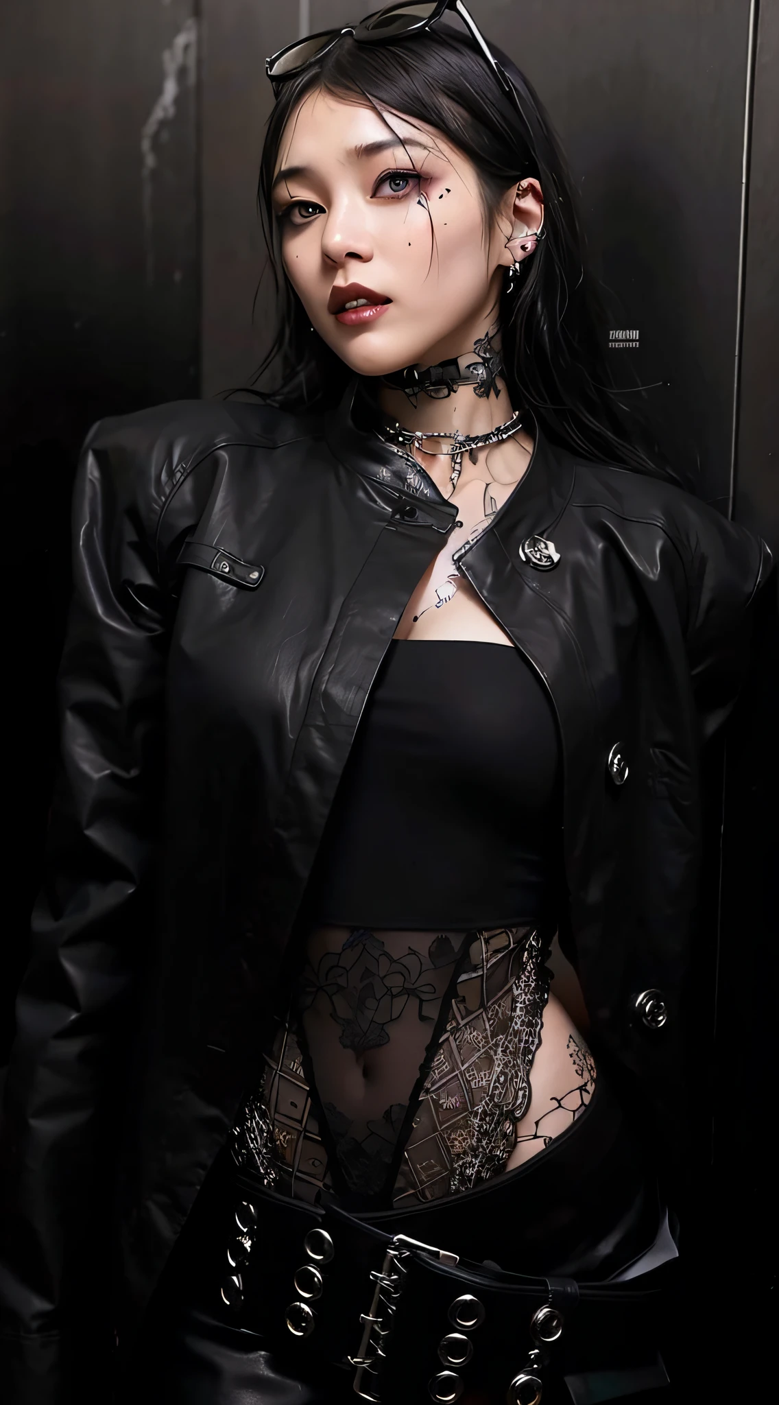 Mujer coreana con chaqueta de cuero negra y pantalones negros de pie en el ascensor, Con chaqueta de cuero cyberpunk, seductive cyberpunk dark fantasy, Estilo oscuro y de terror, goth woman, gothic horror vibes, androgynous vampire, gothic style, neo goth, gothic - cyberpunk, gothic ambient, goth girl, Arte digital oscuro pero detallado, Estilo de terror cyberpunk, Toda la ropa negra cyberpunk