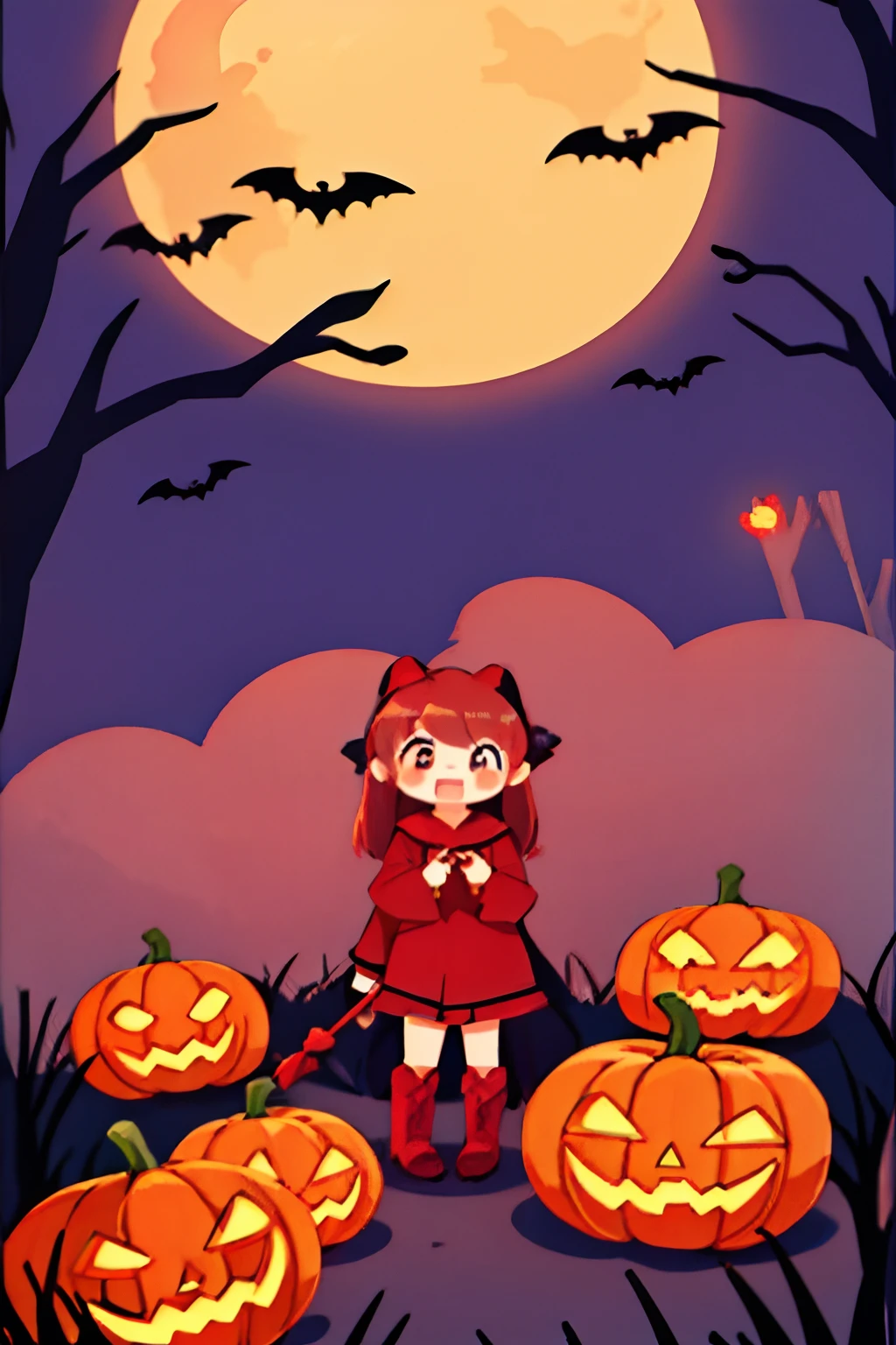 1girll，Red Moon，borgar，pumpkins，the bats，best qualtiy，HD graphics