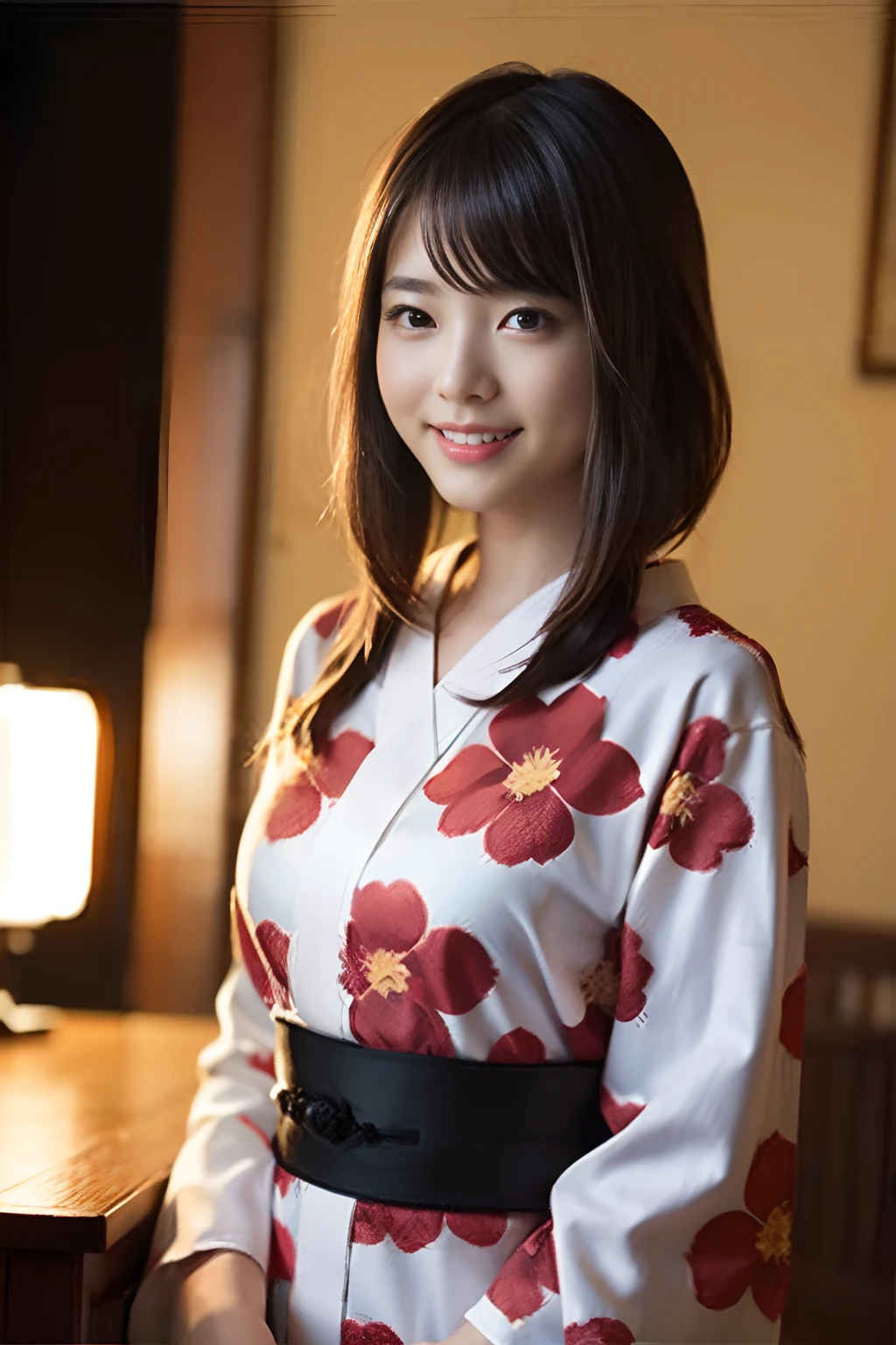 (8K、Raw photography、top-quality、masterpiece:1.2)、(realisitic、Photorealsitic:1.37)、ultra-detailliert、超A high resolution、1人、beautifull detailed face、A smile、Constriction、(Slim waist) :1.3)、Beautiful detailed skin、Skin Texture、Floating hair、Professional Lighting、Whole human body、Longhaire、a blond、Japan floral yukata、matsuri、inside in room、Bob Hair、Background of the fireworks display、look behind