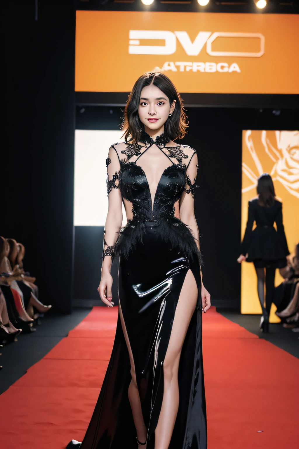 Girl VN01, 1girl in, (Smile:1.4) stunningly beautiful girl, Haute_Couture, designer dress, Wearing an automobile_Couture, posing for photo, Fashion Show, Long shape face, angry, Crazy, darkred eyes, sidesweep hair, Short hair, Long ringlet, catwalk \(Walkway\), , Colorful, Vivid colors, masutepiece, Best Quality, absurderes, Highest Quality, Amazing details, 8K, Aesthetic,