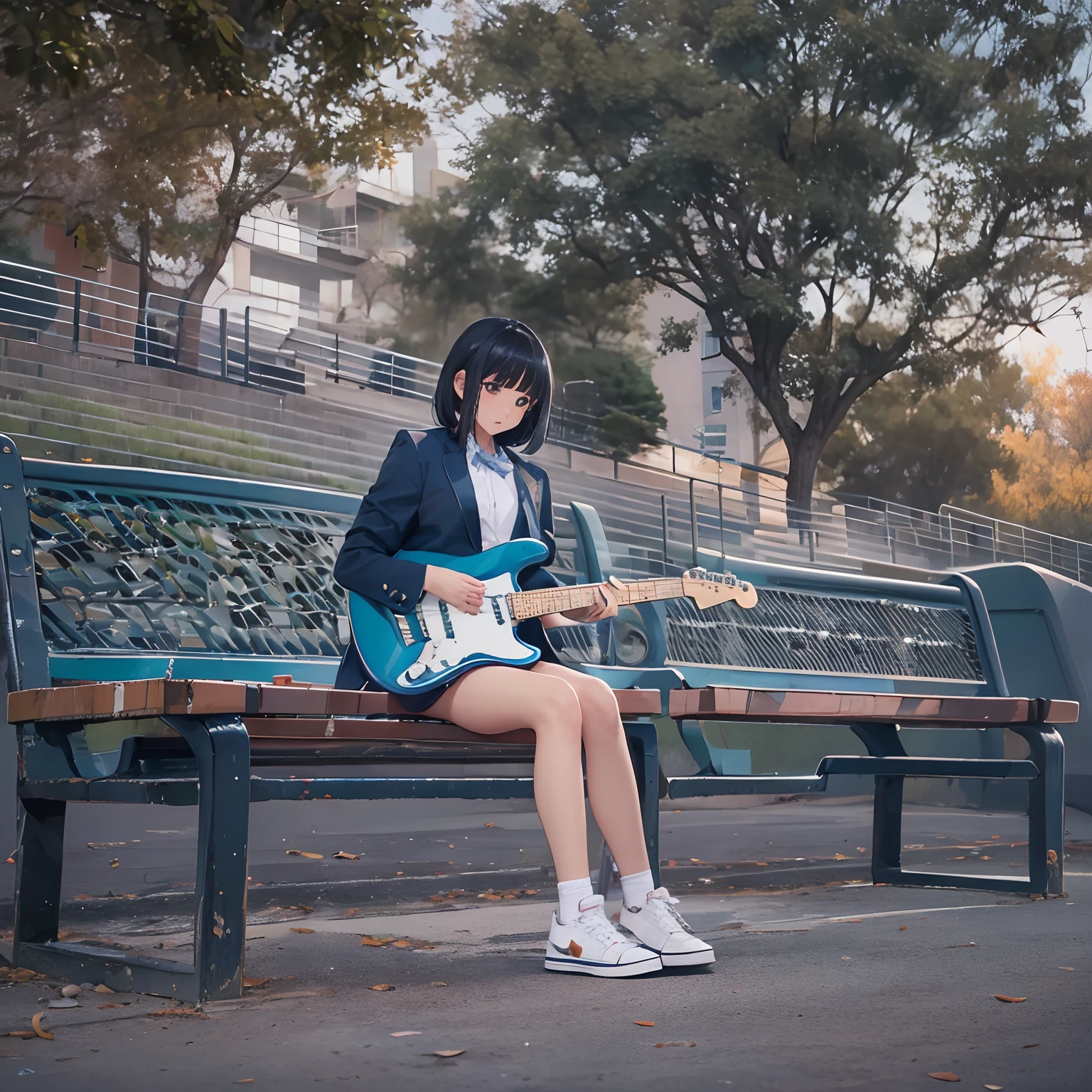 masutepiece, High resolution, Cinematic lighting, Park overlooking the harbor, Alone, High school girl sitting on bench playing electric guitar (Light Blue Fender Stratocaster), Beautiful Girl, Black hair, a short bob, High School Uniform (Dark blue) Blazer and checked skirt), White Converse Basketball Shoes,