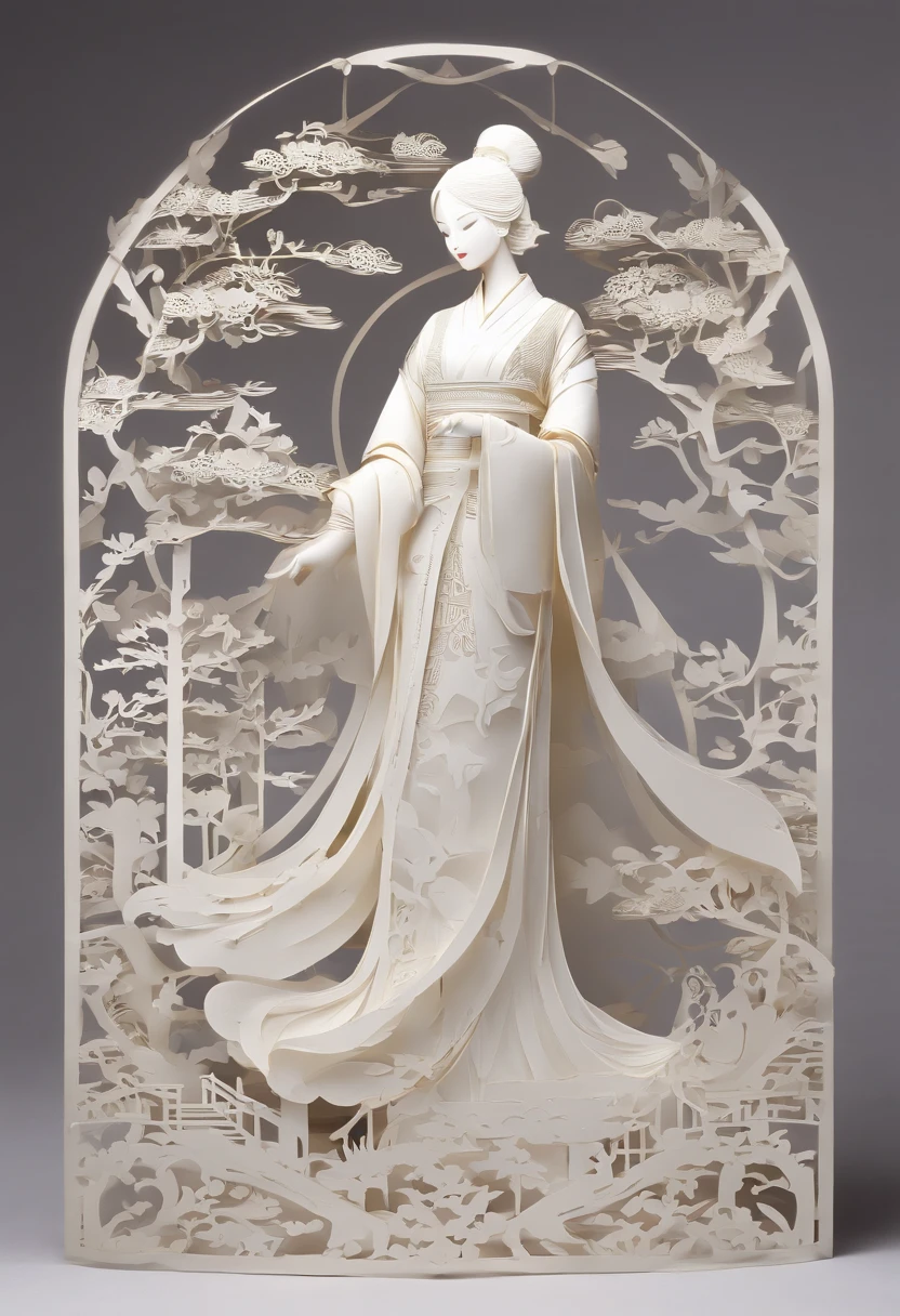 Masterpiece, Thousand women in Hanfu, beautiful render of a fairytale, In the style of paper art, painting of beautiful, beautiful as the moon, A very complex masterpiece, Painted metal, A masterpiece of beautiful intricacies, multi-layer, mysterious, ancient chinese background