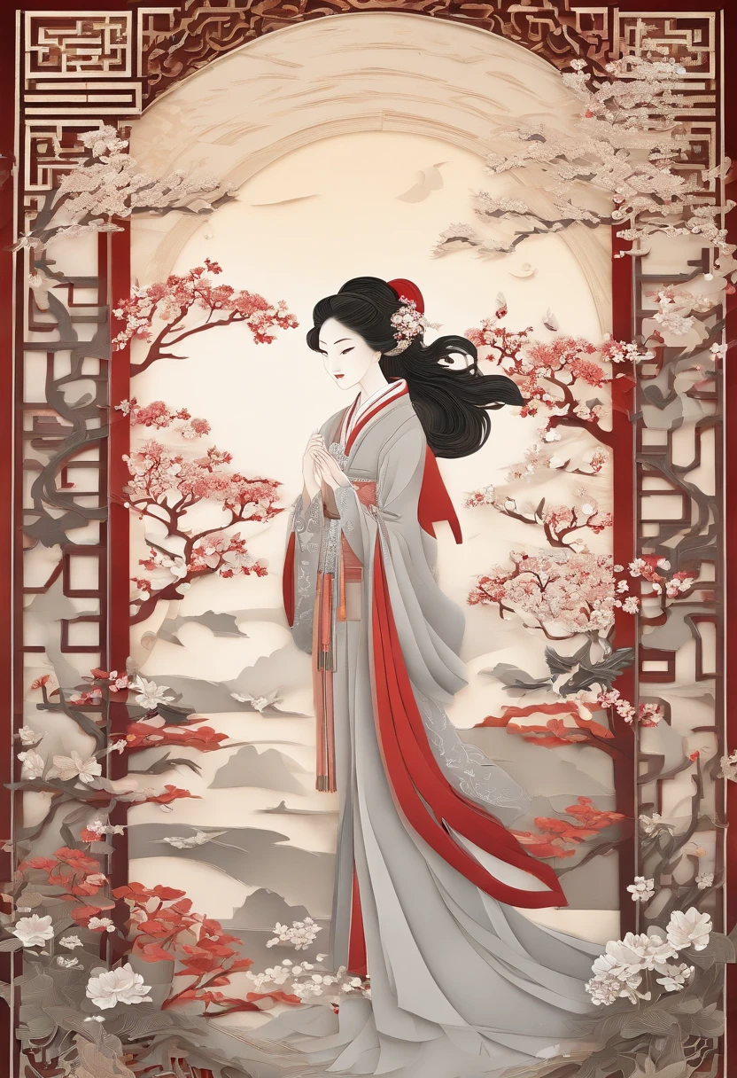 Masterpiece, Thousand women in Hanfu, beautiful render of a fairytale, In the style of paper art, painting of beautiful, beautiful as the moon, A very complex masterpiece, Painted metal, A masterpiece of beautiful intricacies, multi-layer, mysterious, ancient chinese background