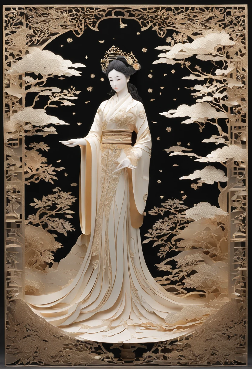 Masterpiece, Thousand women in Hanfu, beautiful render of a fairytale, In the style of paper art, painting of beautiful, beautiful as the moon, A very complex masterpiece, Painted metal, A masterpiece of beautiful intricacies, multi-layer, mysterious, ancient chinese background