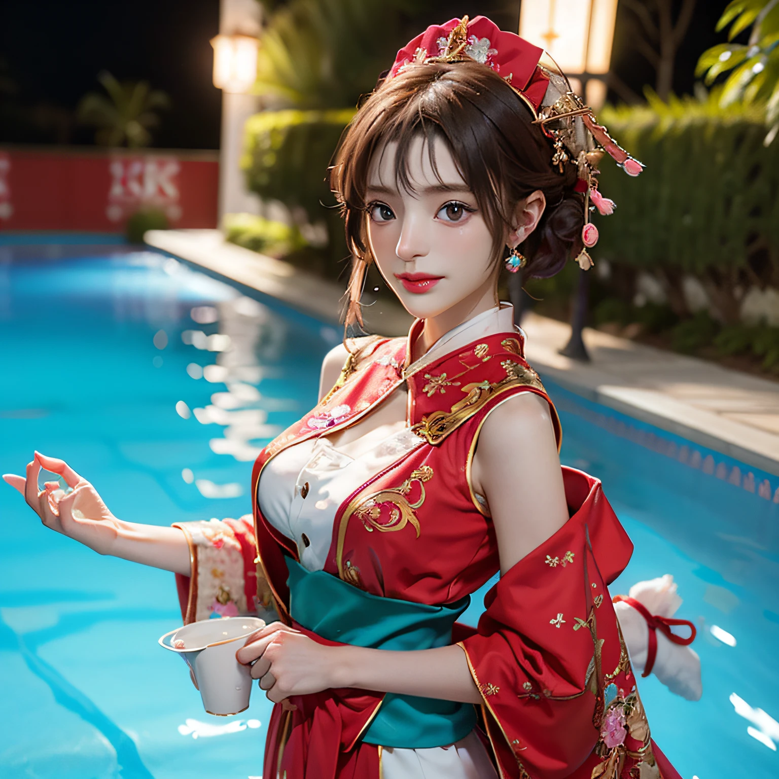 masterpiece、hightquality、(AKB48 Costumes:1.5), 2 girls, , Beautiful breasts, Beautiful , .。.。.。.。.。.3D、8K CG、intricate detailes、细致背景、Sacred。ornament detached, Dylan Kowalski,、hair adornments、Night Pool、