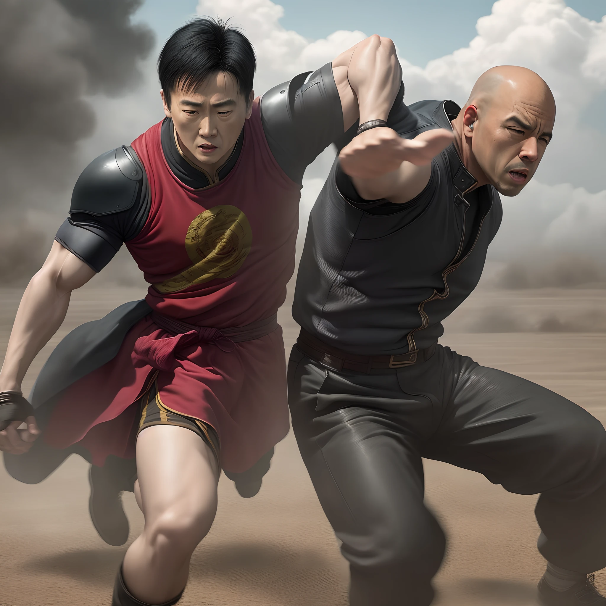 movie action scene from The 36th Chamber of Shaolin, cinemascope, 4K, cinematic lighting, Kung Fu, martial arts, epic action packed fight scene at a Chinese temple, detailed