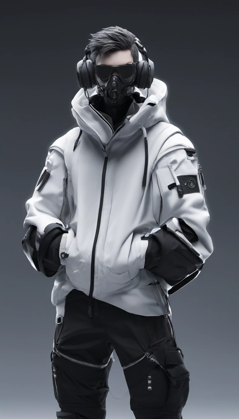 The white hoodie and mask make him almost invisible against the dark background, but his handsome features and the headphones around his neck give him away. He stands in a sidepose, lost in his own world, against the foreboding backdrop.
